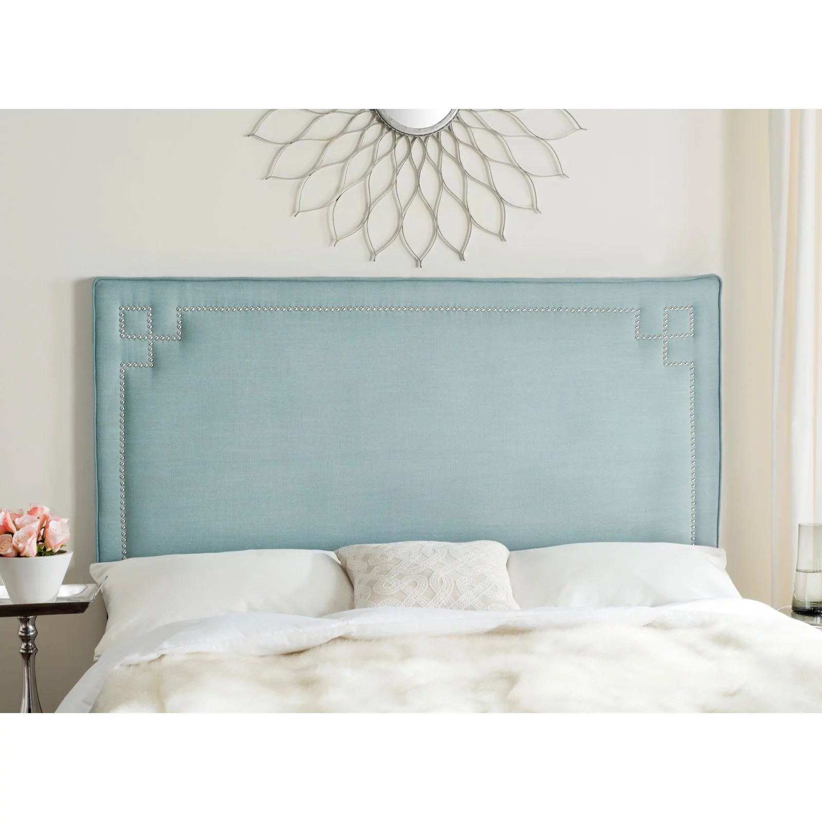 SAFAVIEH Remington Linen Headboard with Nail Heads, Twin, Taupe