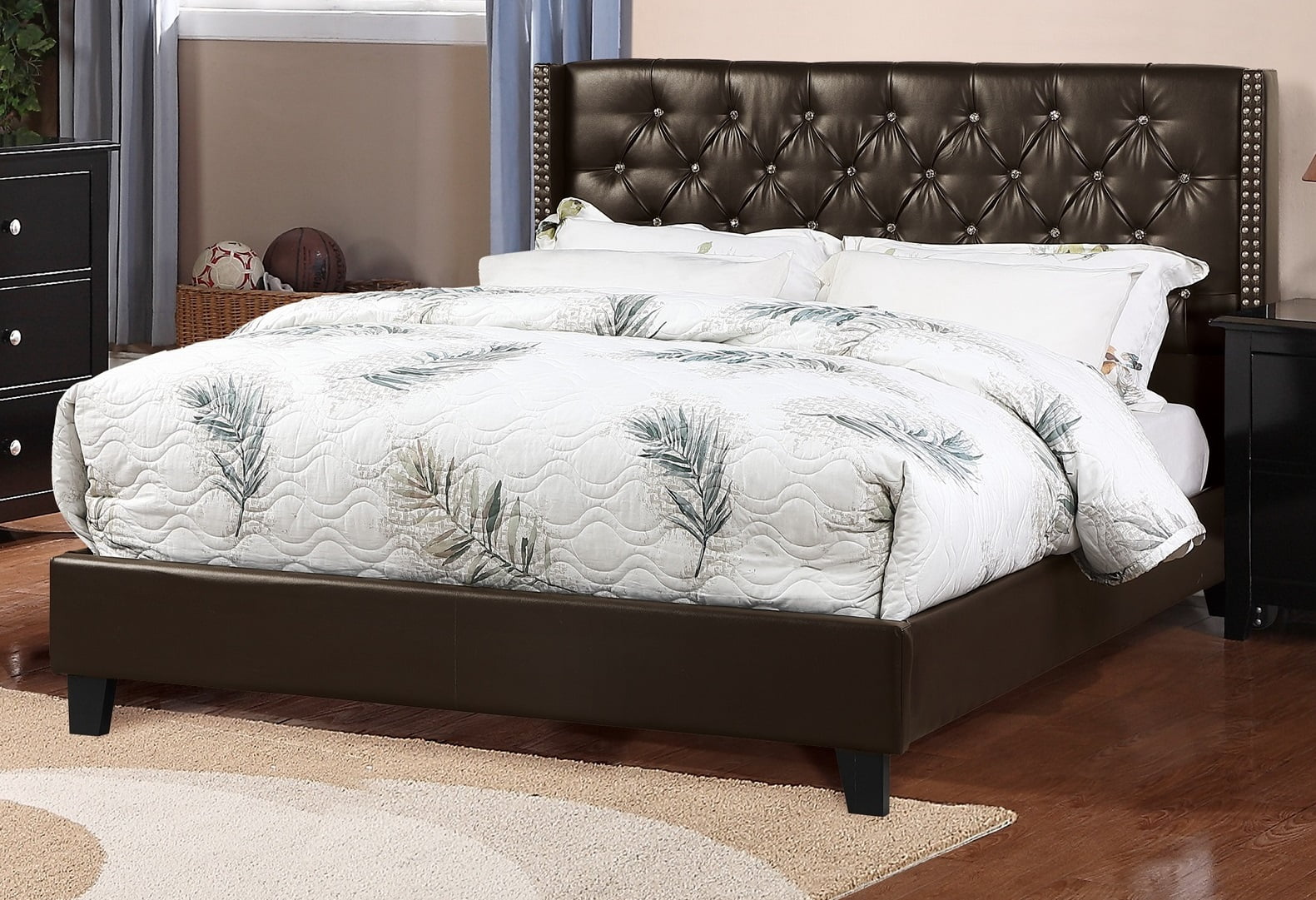 Modern Bedroom Furniture Full Size Bed 1pc Bedframe Espresso Faux Leather Tufted HB