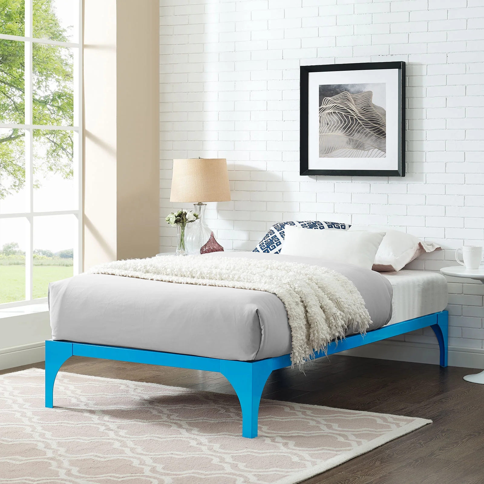 Modern Contemporary Urban Design Bedroom Twin Size Platform Bed Frame, Blue, Metal Steel