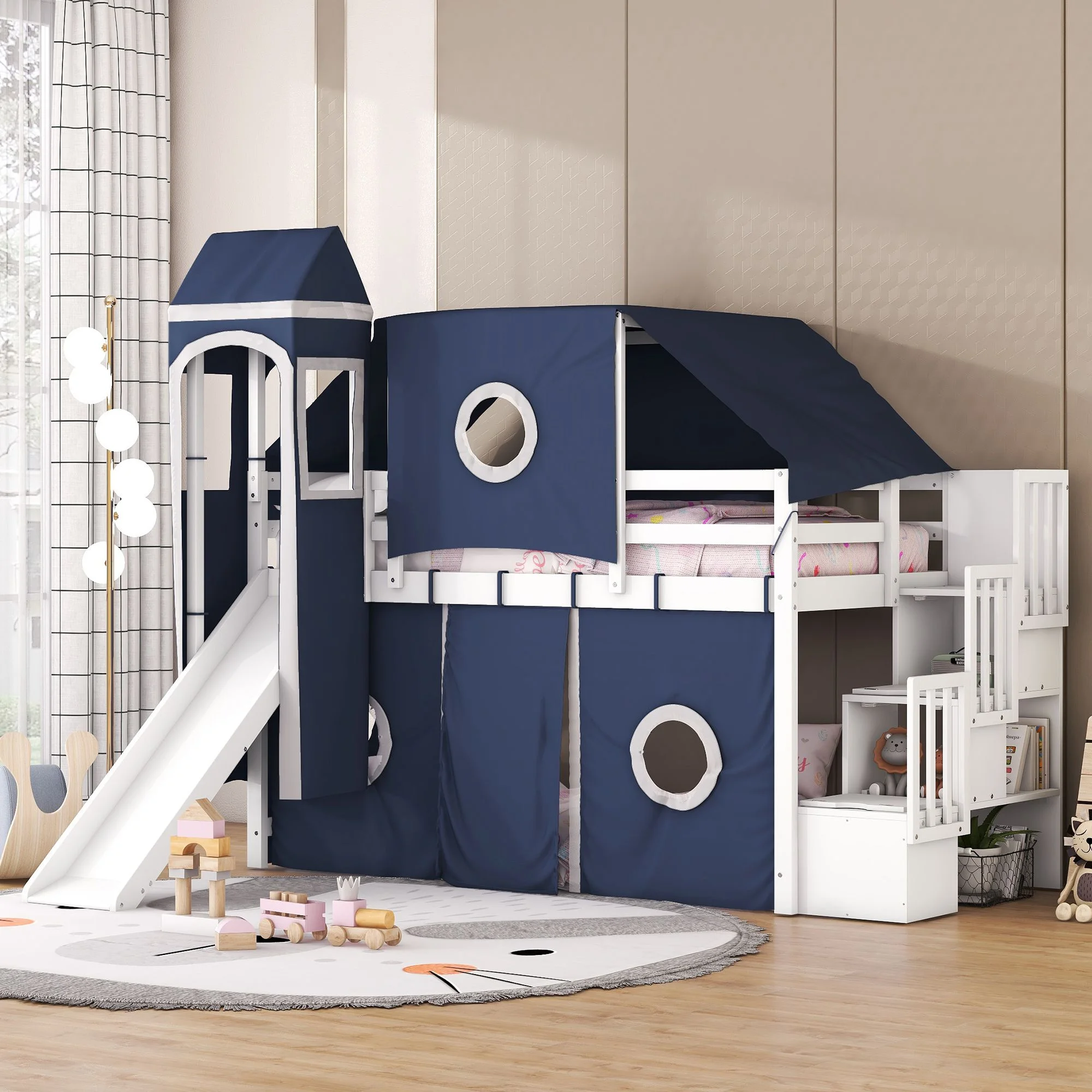 Multifunctional High Loft Bed with Tent and Tower, Sturdy Wooden Loftbed Frame with Storage Stairs, Slide& Safety Guardrail for Teens Bedroom, Space Saving Design