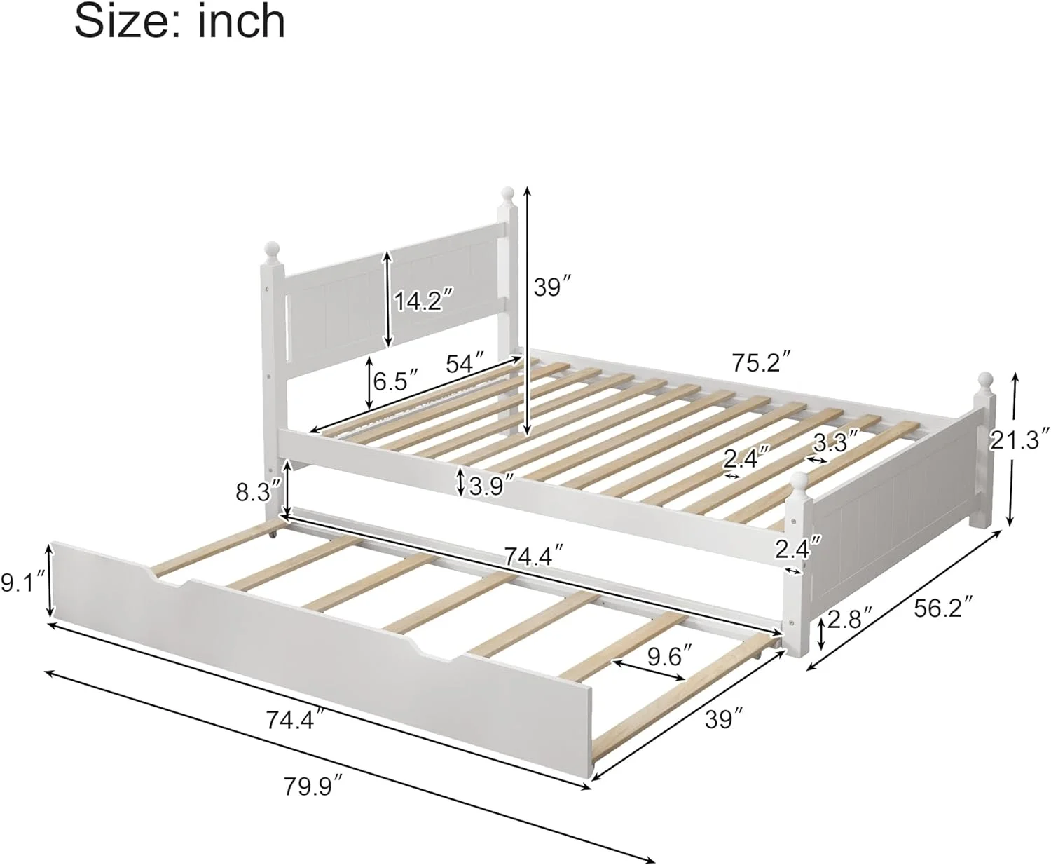 Full Size Solid Wood Platform Bed Frame with Trundle for Limited Kids, Teens, Adults, No Need Box Spring