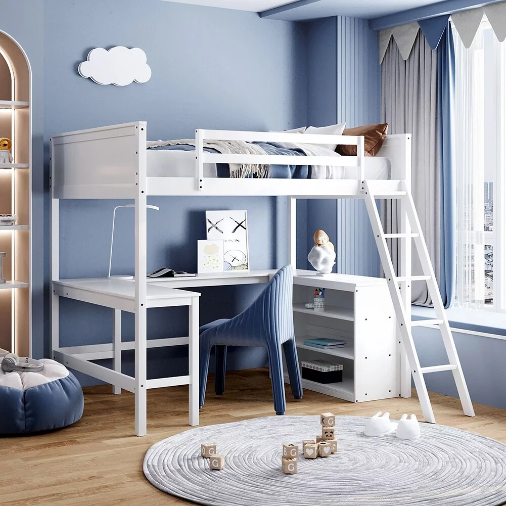 Full Size Multifunctional Loft Bed with Storage Shelves and Desk White