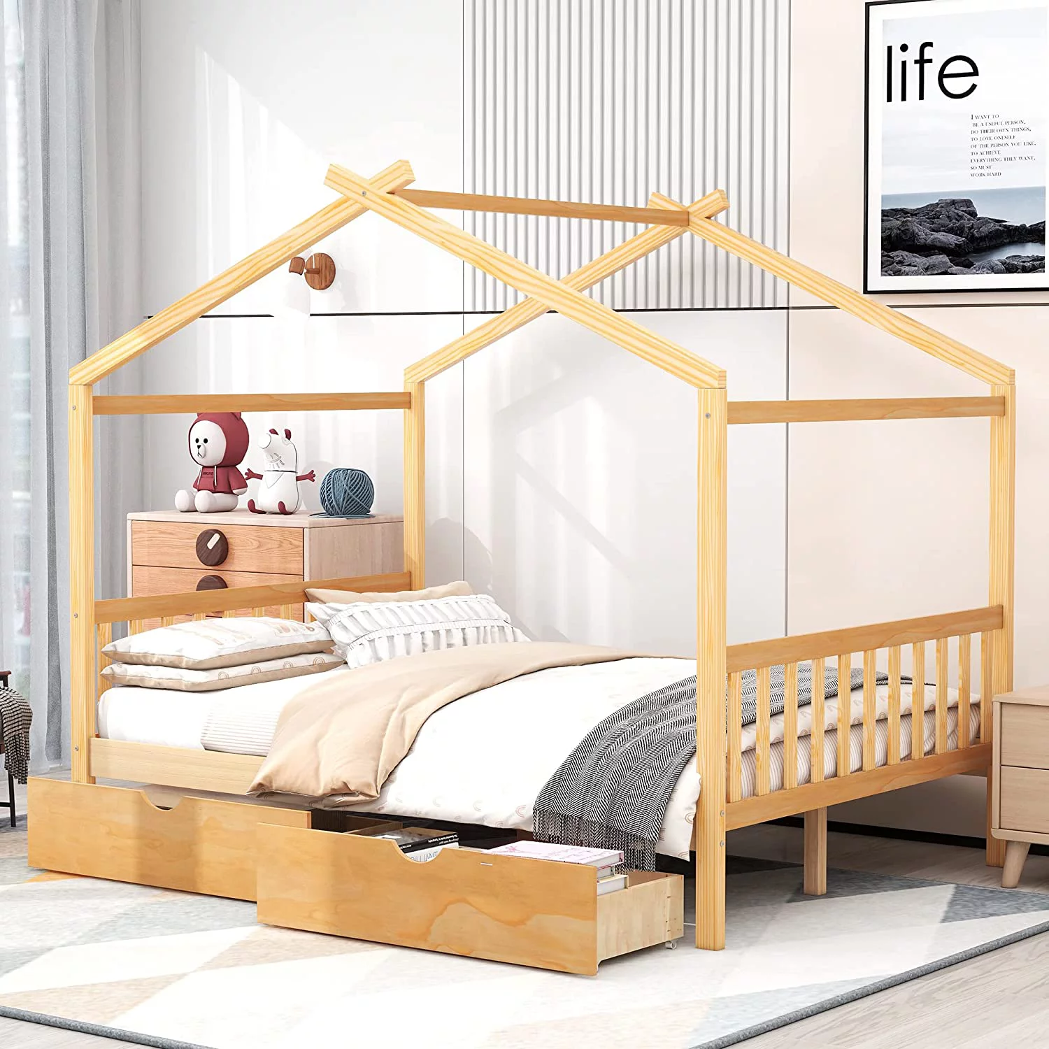 Full Size House Bed, Full Platform Bed With 2 Drawers, Headboard And Footboard, Roof Design, Bedroom Furniture, Natural