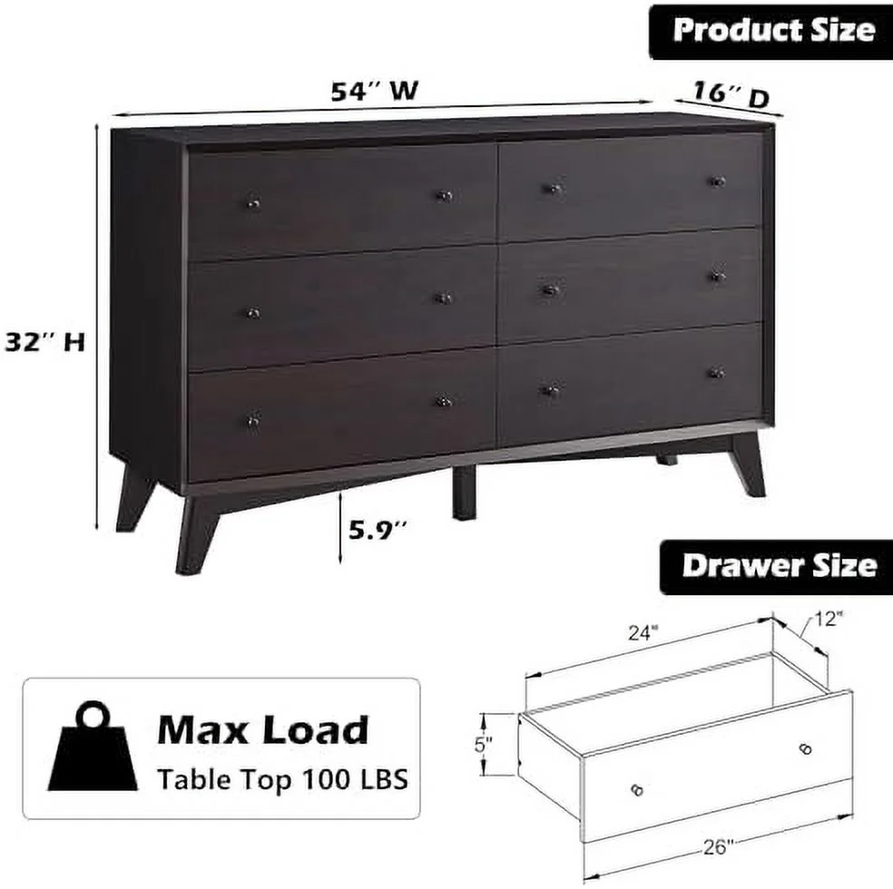 xrboomlife Modern 6 Drawer Dresser for Bedroom  54" Wide Wood Chest of Drawers  Mid Century  Organizers  Dresser TV Stand for  Room  Nursery  Living Room  Hallway  Entryway  Espresso