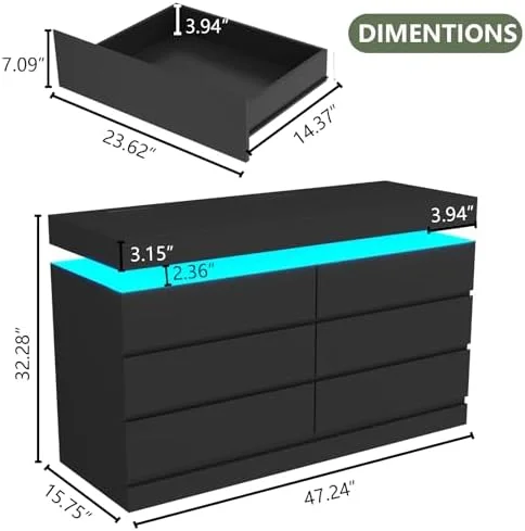 xrboomlife 6 Drawer Dresser with Power Outlet  Black Dresser with LED Light  Modern Chest of Drawers for Closet  Double Wide Drawer Organizer Cabinet for Bedroom  Living Room  Entryway  H