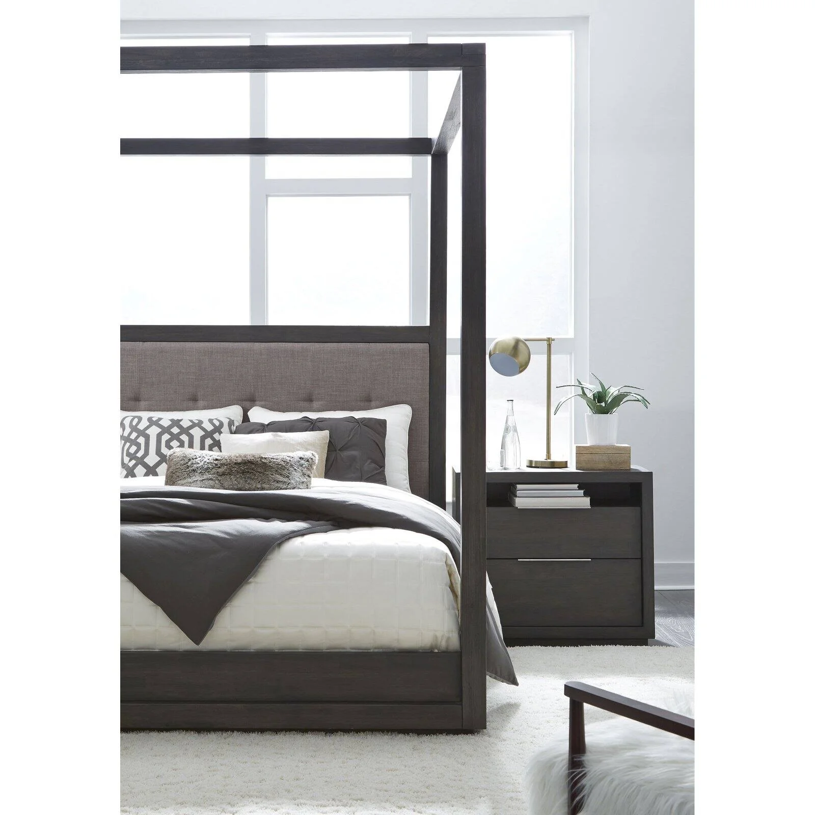 Modus Oxford Tufted King Canopy Bed in Basalt Gray and Dolphin
