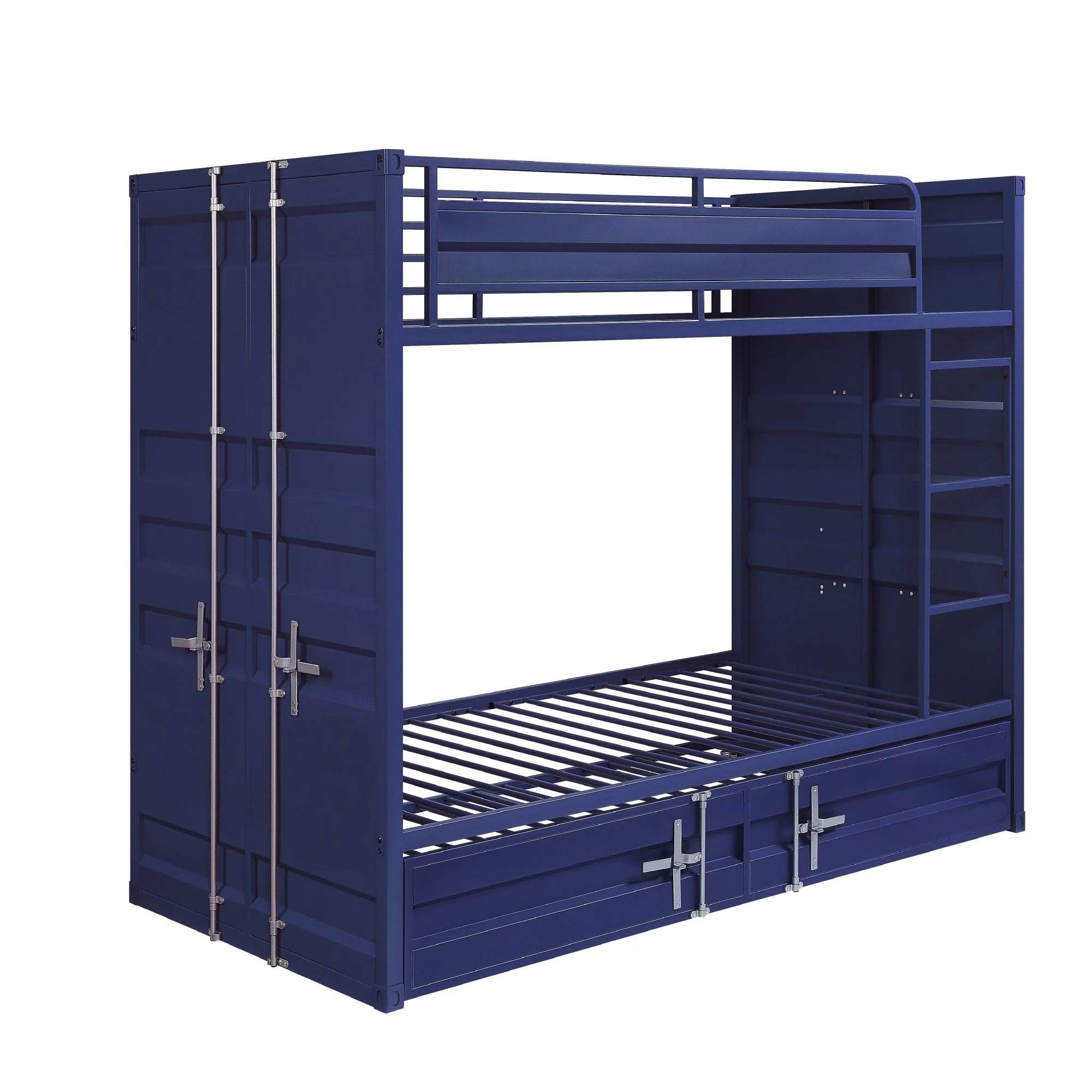Industrial Style Twin Size Bunk Bed With Recessed Panel Design, Blue