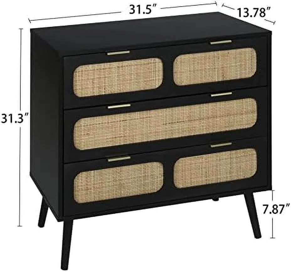 HBBOOMLIFE 3 Drawer Dresser  Modern Rattan Dresser Chest with Wide Drawers and Metal Handles  Farmhouse Wood  Chest of Drawers for Bedroom  Living Room  Hallway  Entryway (Natural)