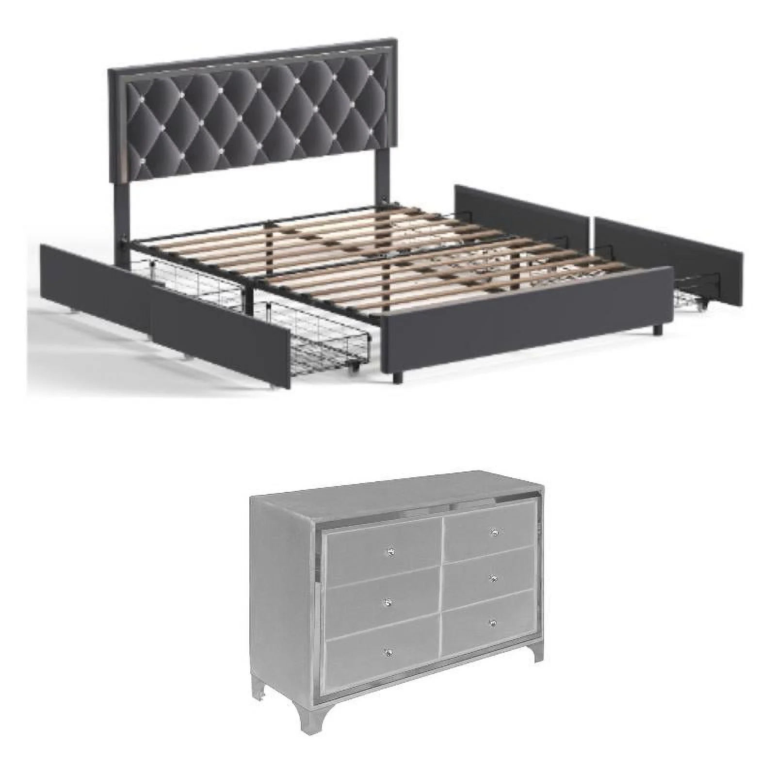 Home Square 2-Piece Set with Double Dresser & King Size Platform Bed in Gray