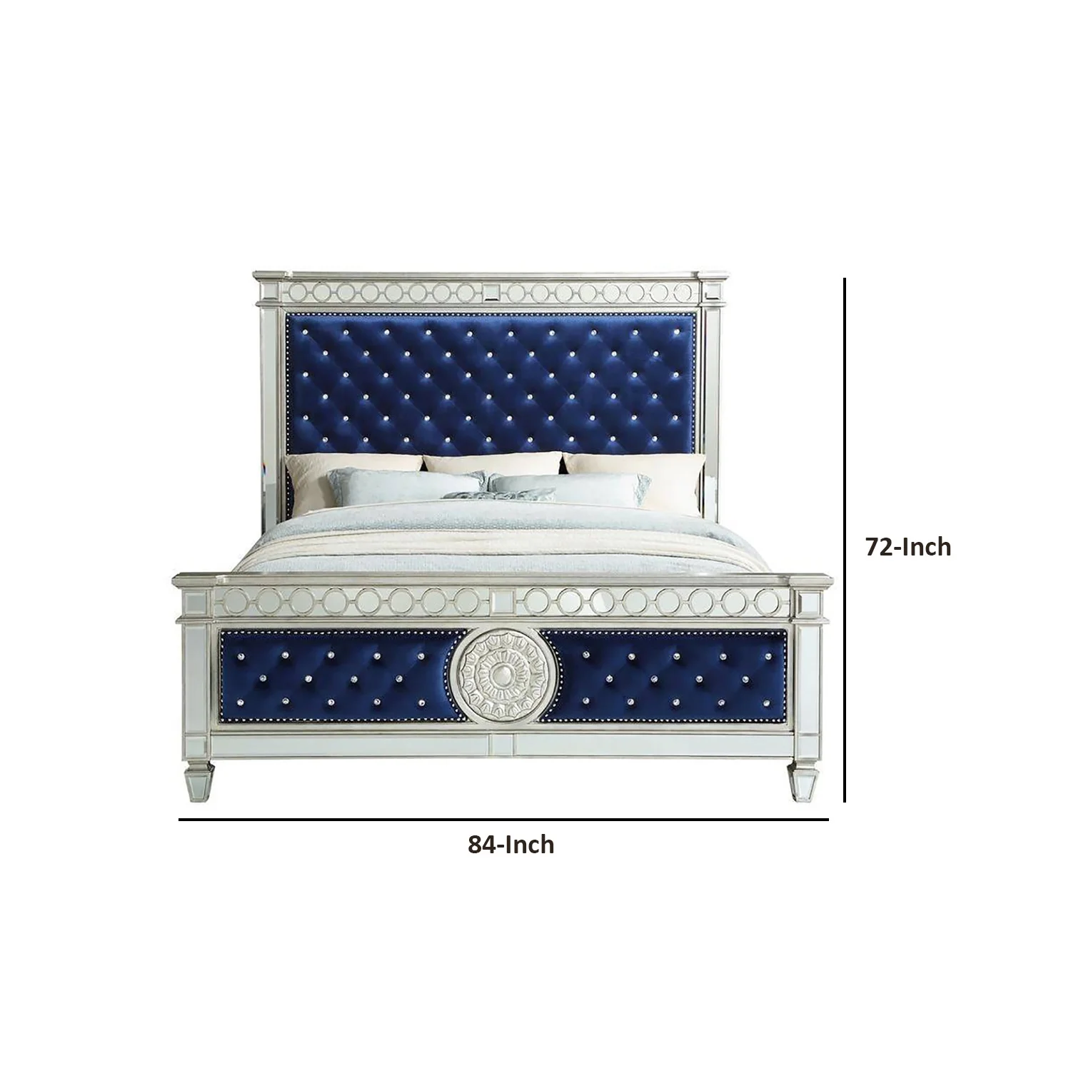 Benzara BM252714 California King Size Bed with Button Tufting & Mirror Trim, Blue