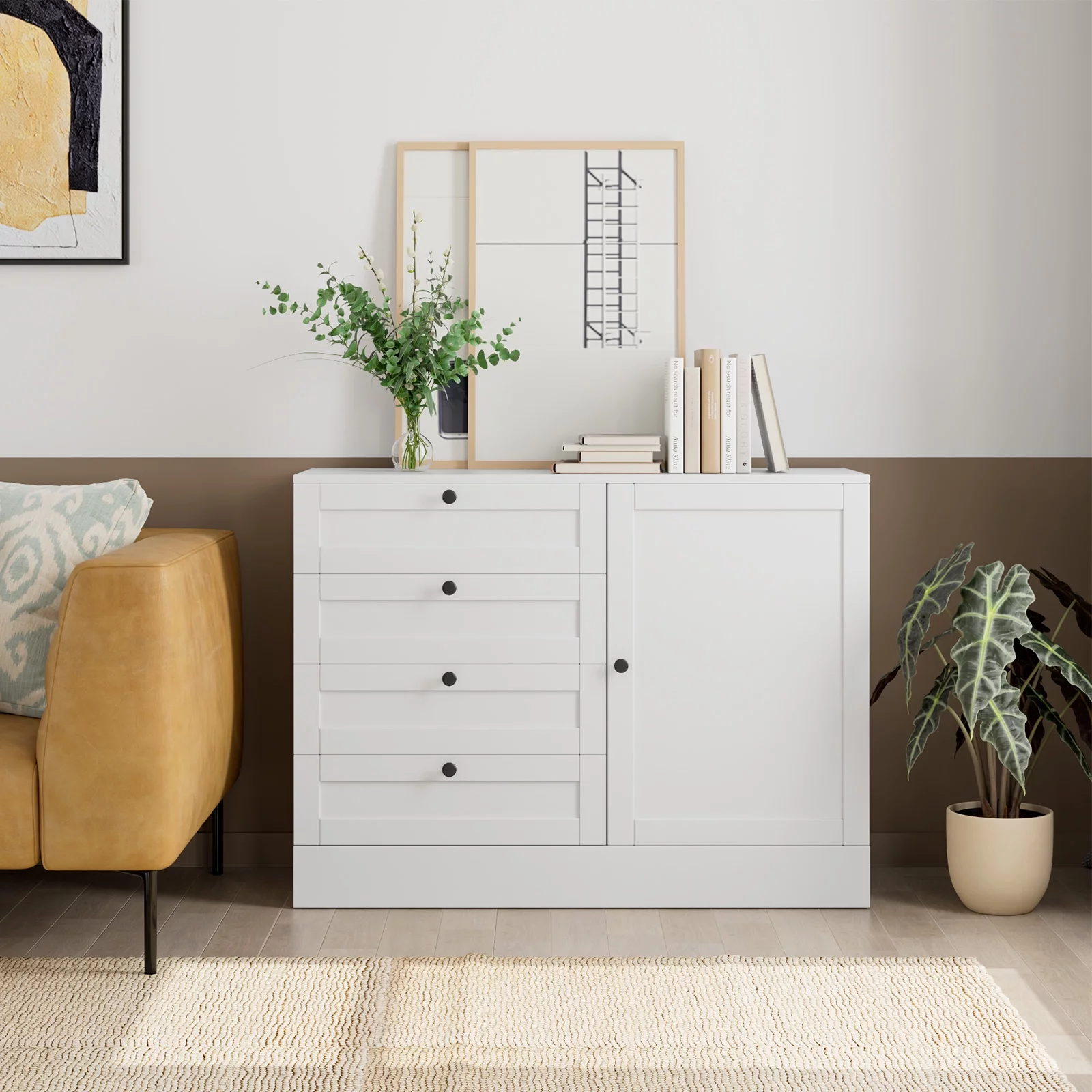 Homfa White Storage Cabinet with 4 Drawers & 1 Door, 43.3'' Wide Chest Sideboard Buffet for Dining Room, Kitchen, Bedroom