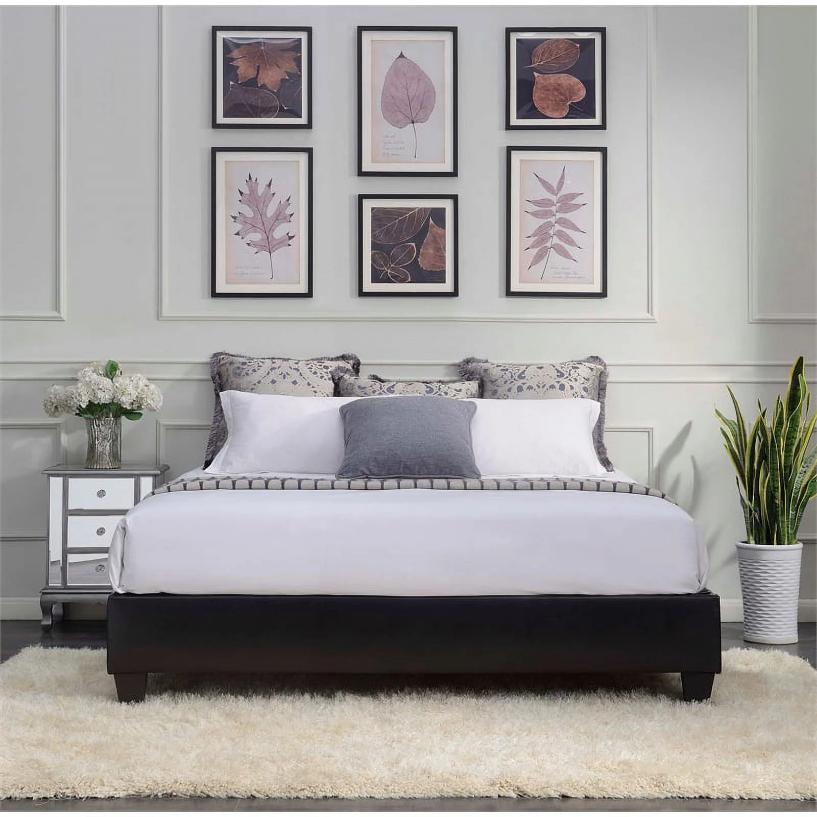 Bowery Hill Transitional Faux Leather Fabric Platform King Bed in Black