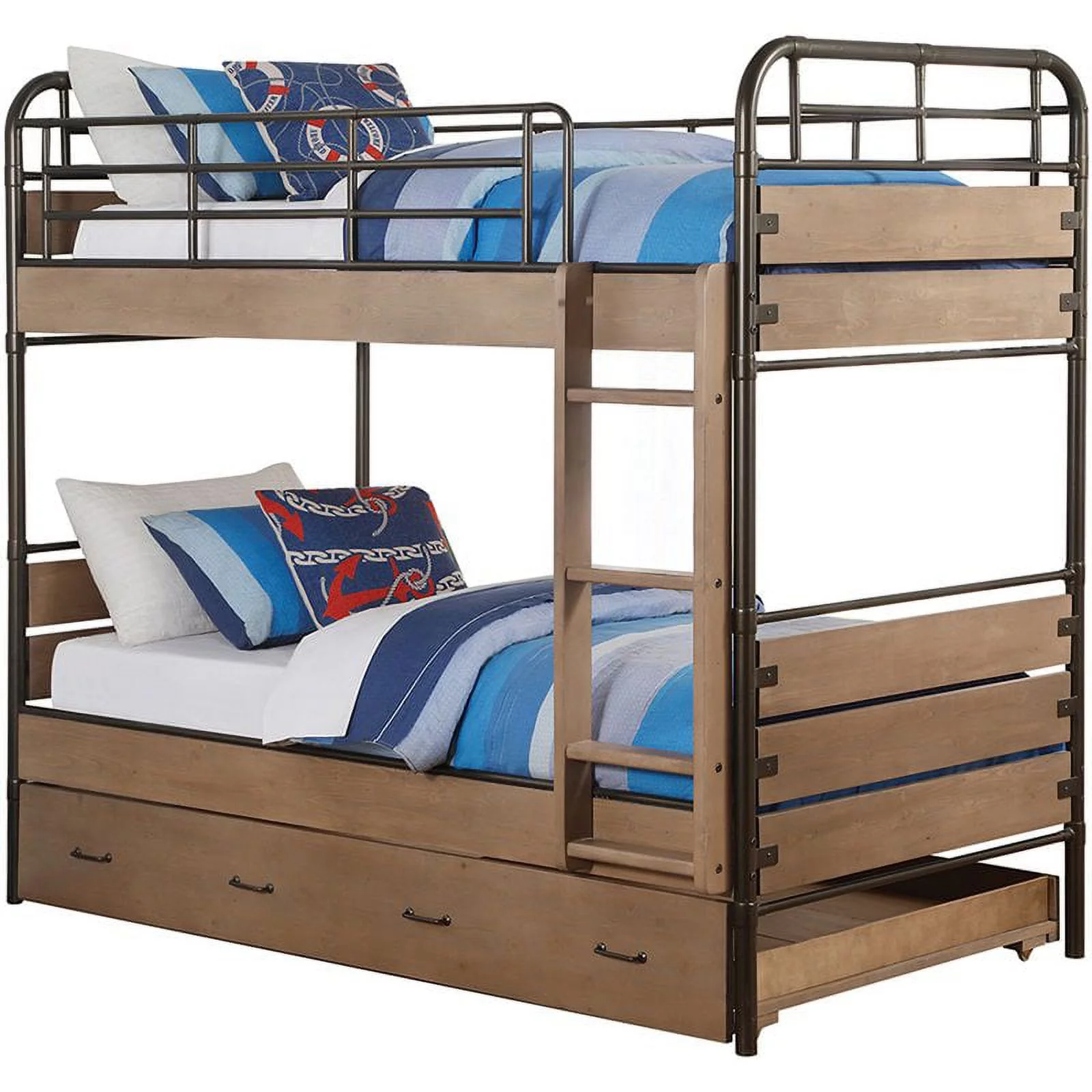 Bowery Hill Twin Over Twin Wood Panel Bunk Bed with Trundle in Antique Oak