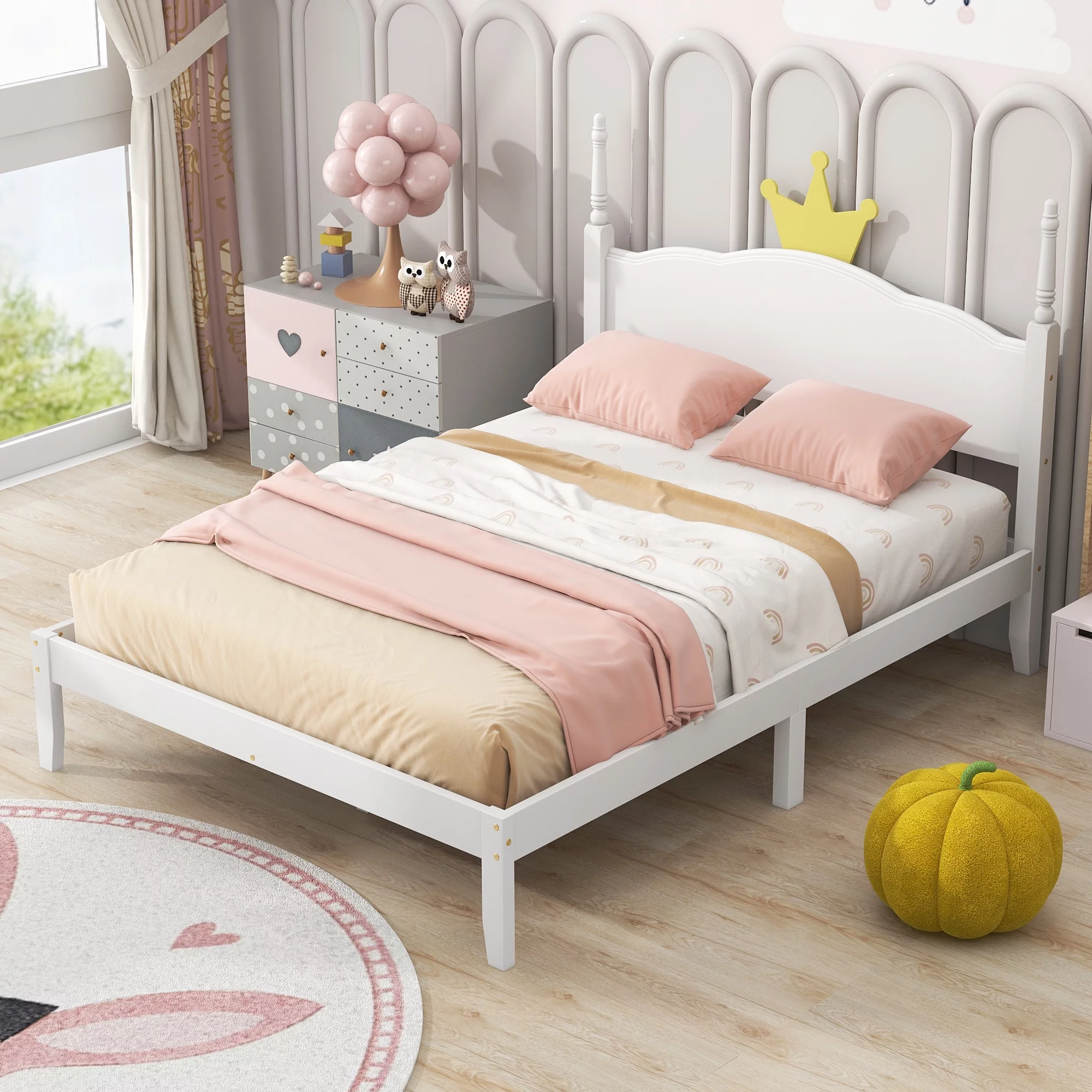 Euroco Wood Full Size Platform Bed, Bed with Crown for Kids Teens Adults, White