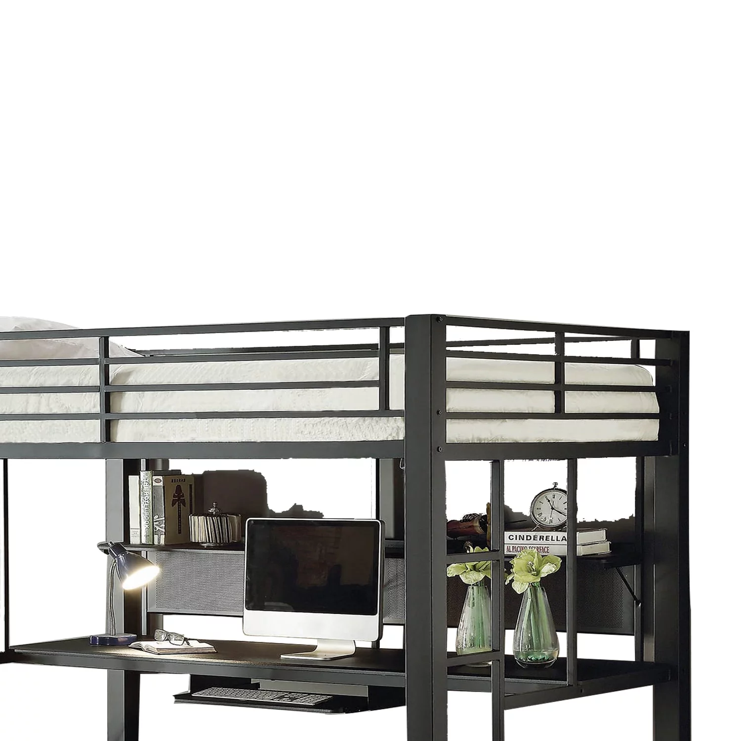 Benjara Metal Bunk Bed with Workstation and Guard Rails, Black