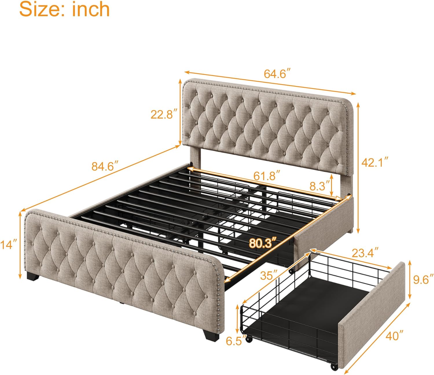 Queen Size Upholstered Platform Bed with 4 Drawers, Button Tufted Headboard and Footboard, Metal Platform Bed Frame with Sturdy Metal Slat Support, No Box Spring Required