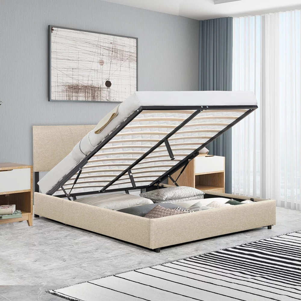Full Upholstered Platform Bed with Lifting Storage, Full Size Bed Frame with Storage and Tufted Headboard,Wooden Queen Platform Bed for Kids Teens Adults,No Box Spring Needed