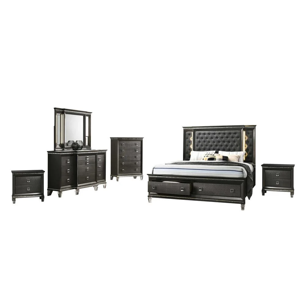 Lavish 6 Piece Gray Bedroom Set with Light up Headboard in Queen Size