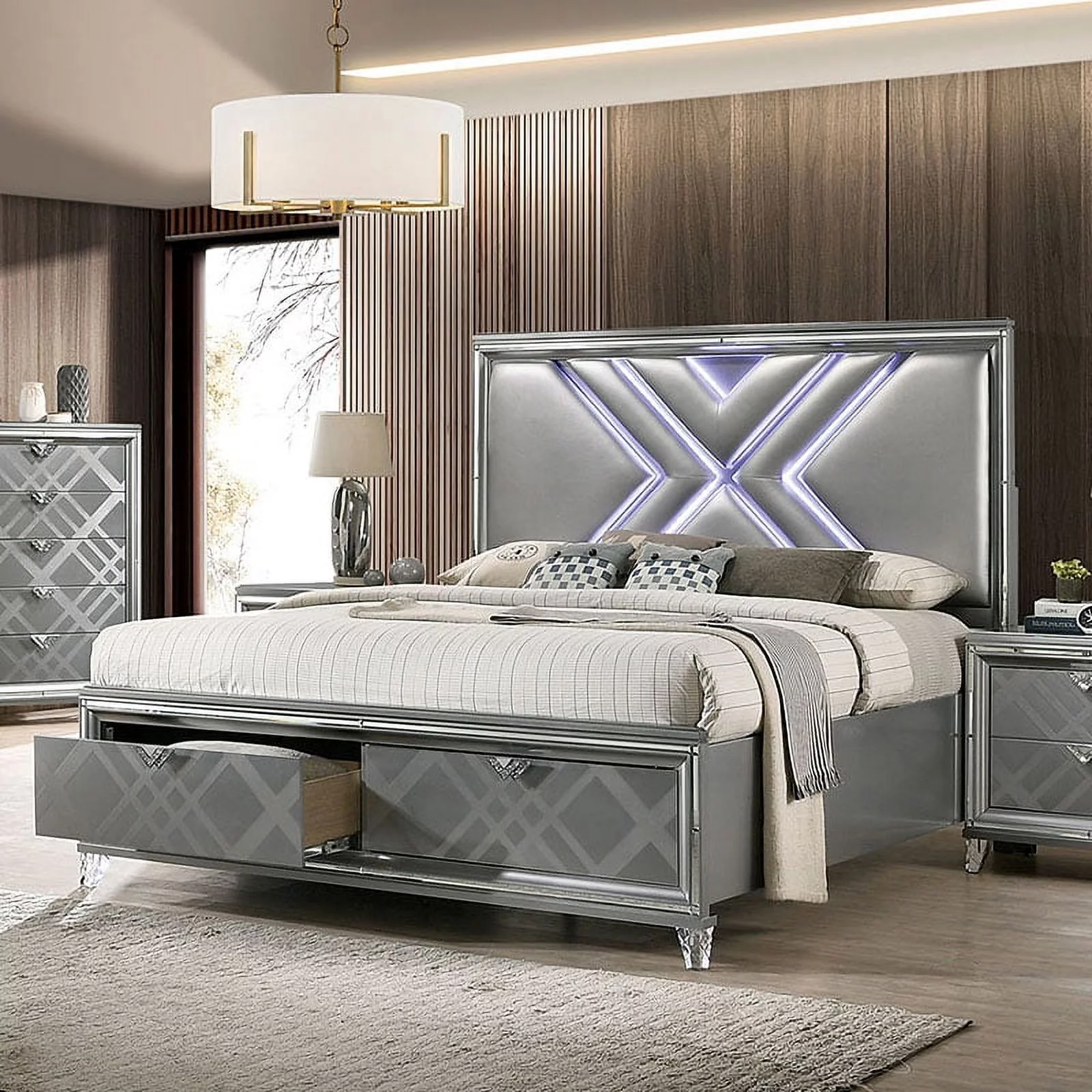 Classic Pattern Queen Size Bed w Drawers FB Padded Leatherette HB w LED Unique X Design Bedroom Furniture Silver Color