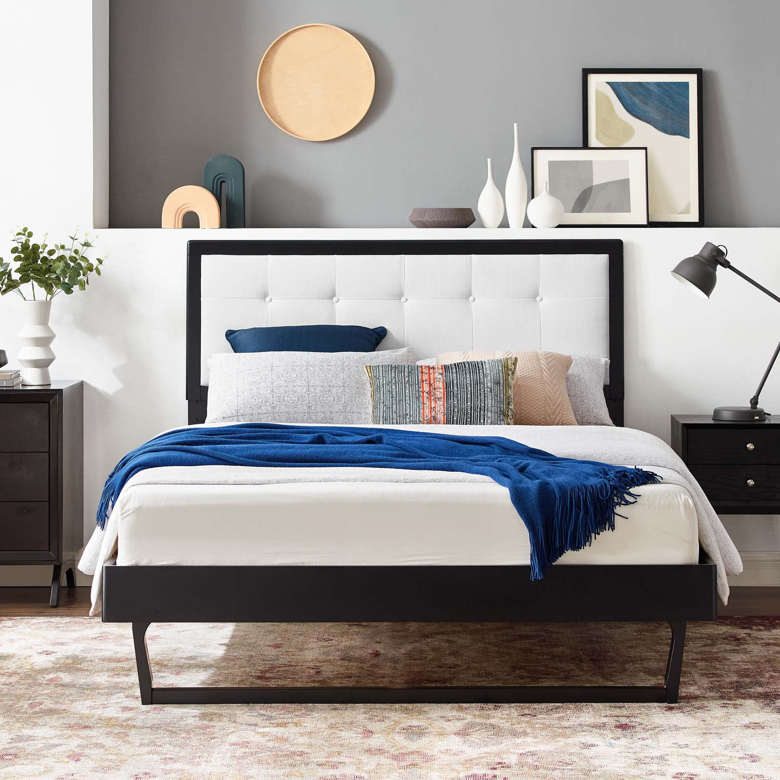 Modway Willow Queen Wood Platform Bed With Angular Frame in Black White