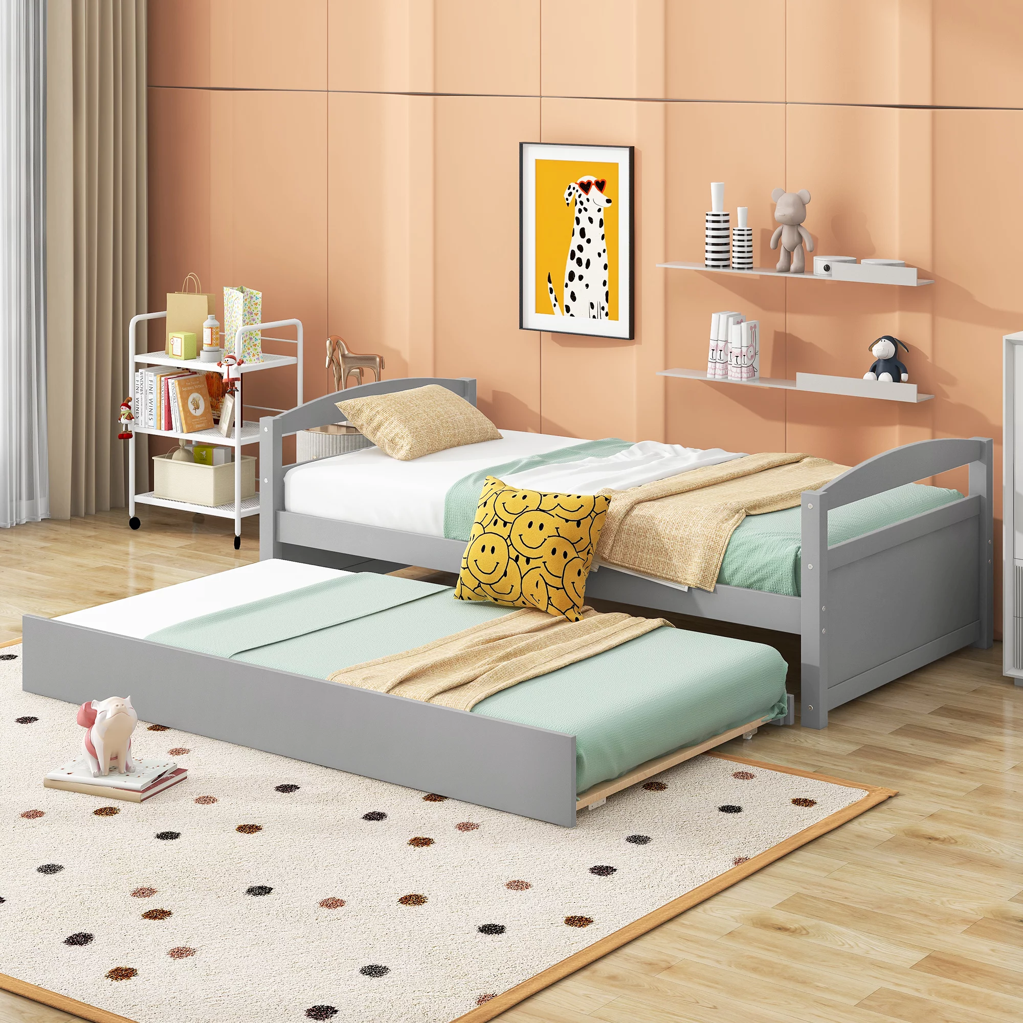 Euroco Twin Size Wooden Daybed with Trundle Bed, Gray