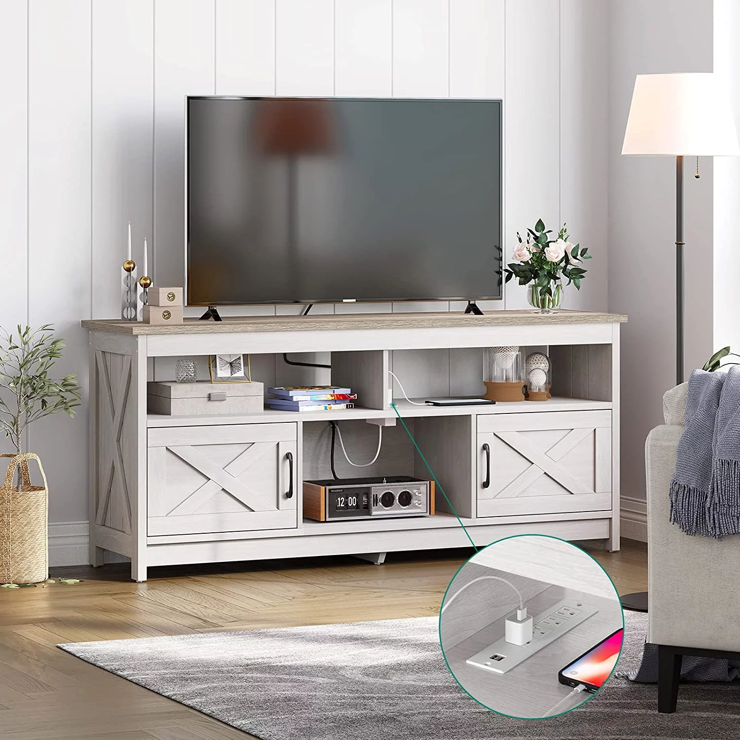 DEXTRUS Farmhouse TV Stand up to 65 inch with Power Outlet, Media Console with Storage Shelves for Living Room, Grey Wash