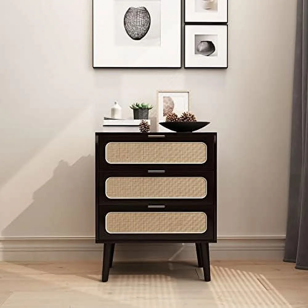TJUNBOLIFE 2 Sets of Rattan Nightstand Dresser Chest of 3 Drawers Wood Dresser Cabinet Organizer Unit for Bedroom Living Room Closet Office(Black)
