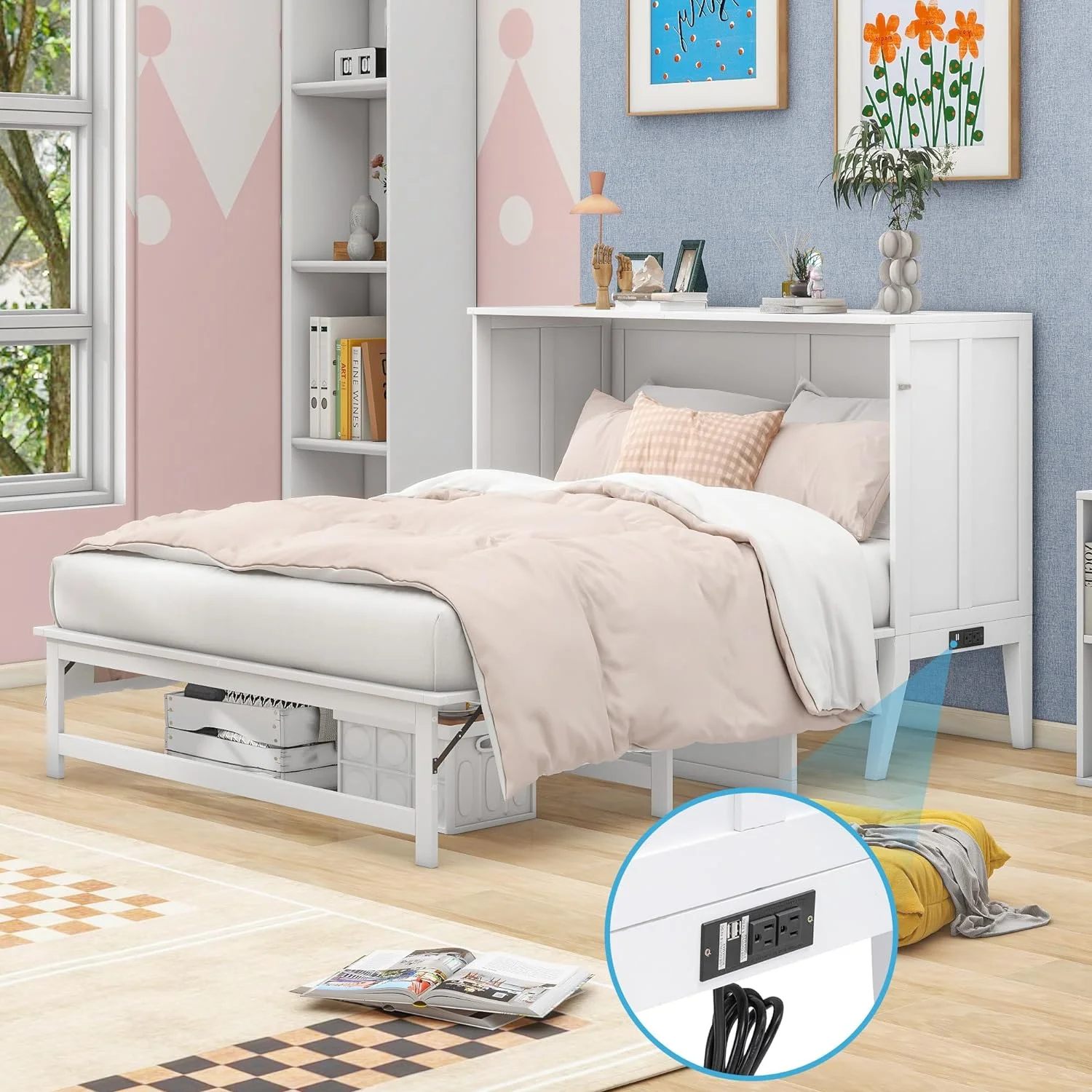 Queen Size Murphy Bed with Built-in Charging Station and a Shelf