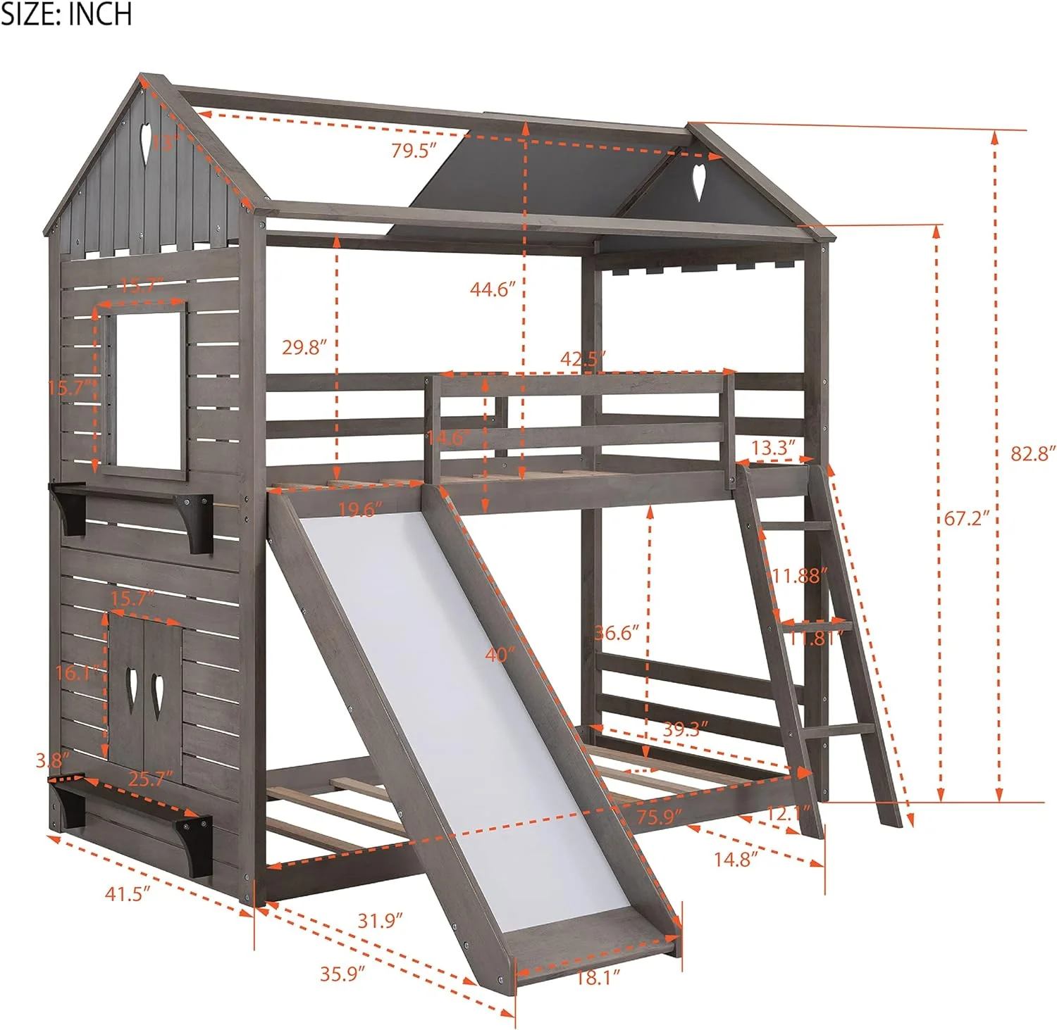 House Bunk Bed For Bedroom, Over Wooden Bed Wih Slide, Ladder, Roof, Window For Kids eens, Anique Gray