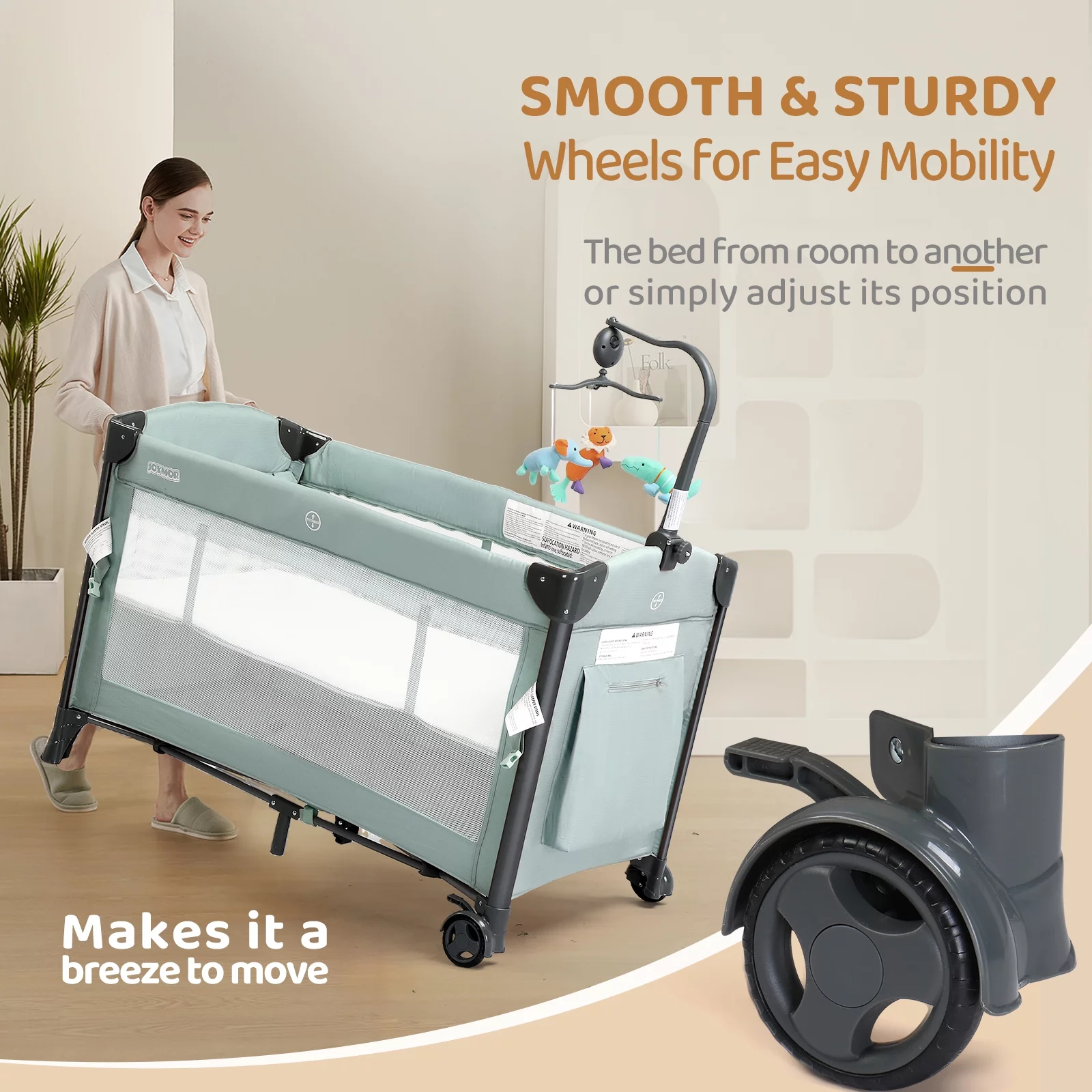 JOYMOR Folding Bedside Sleeper Baby Bassinets, Portable Crib with Wheel for Shower Gift, for Age 0-24 Months, Light Green