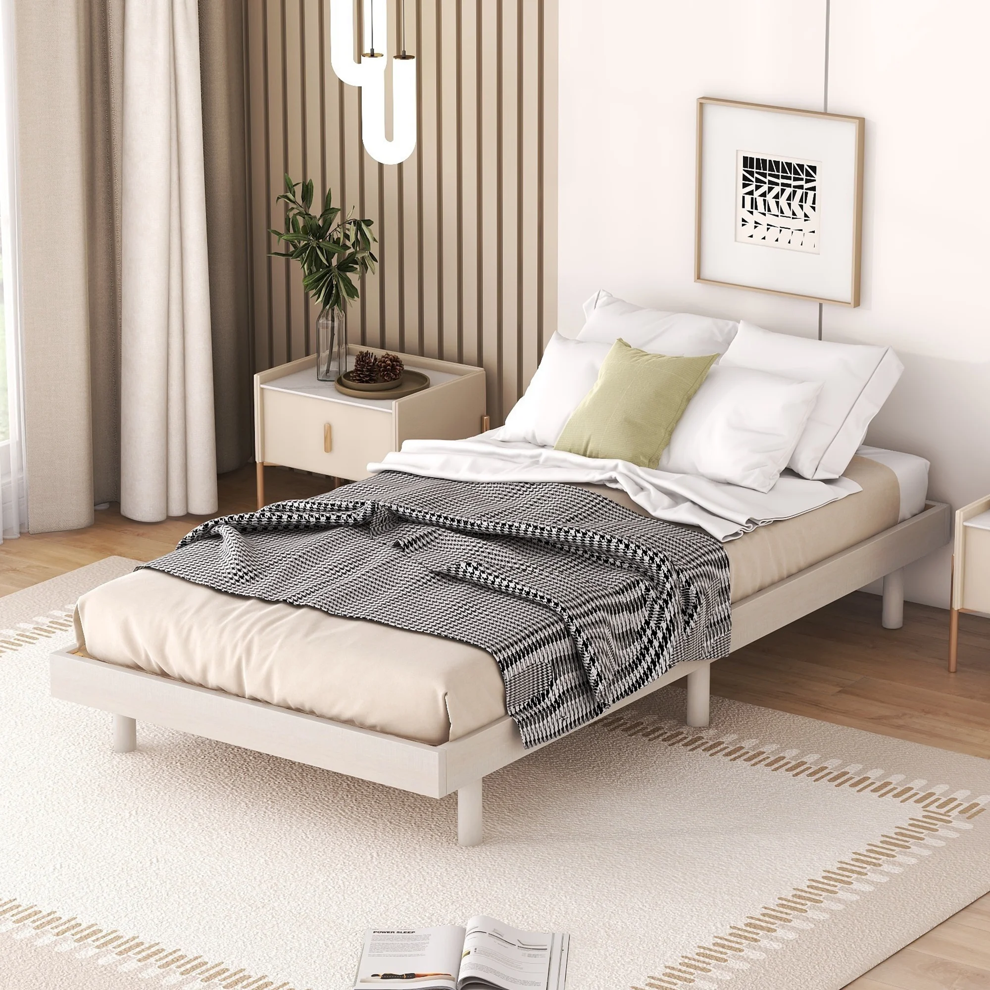 Modern Design Twin Size Wood Bedroom Furniture for Boys and Girls, Floating Platform Bed Frame for Kids Teens Adult, White Washed Color