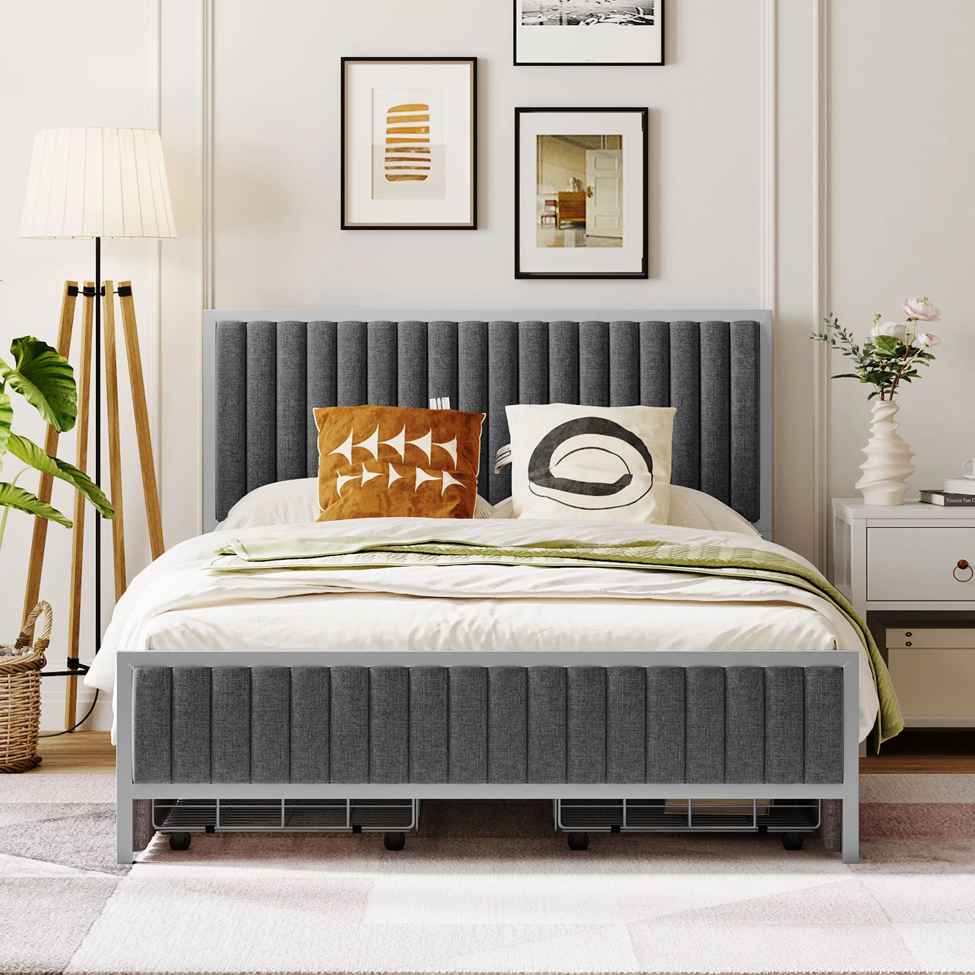 CoSoTower Full Size Metal Frame Upholstered Bed with 4 Drawers, Linen Fabric, Gray