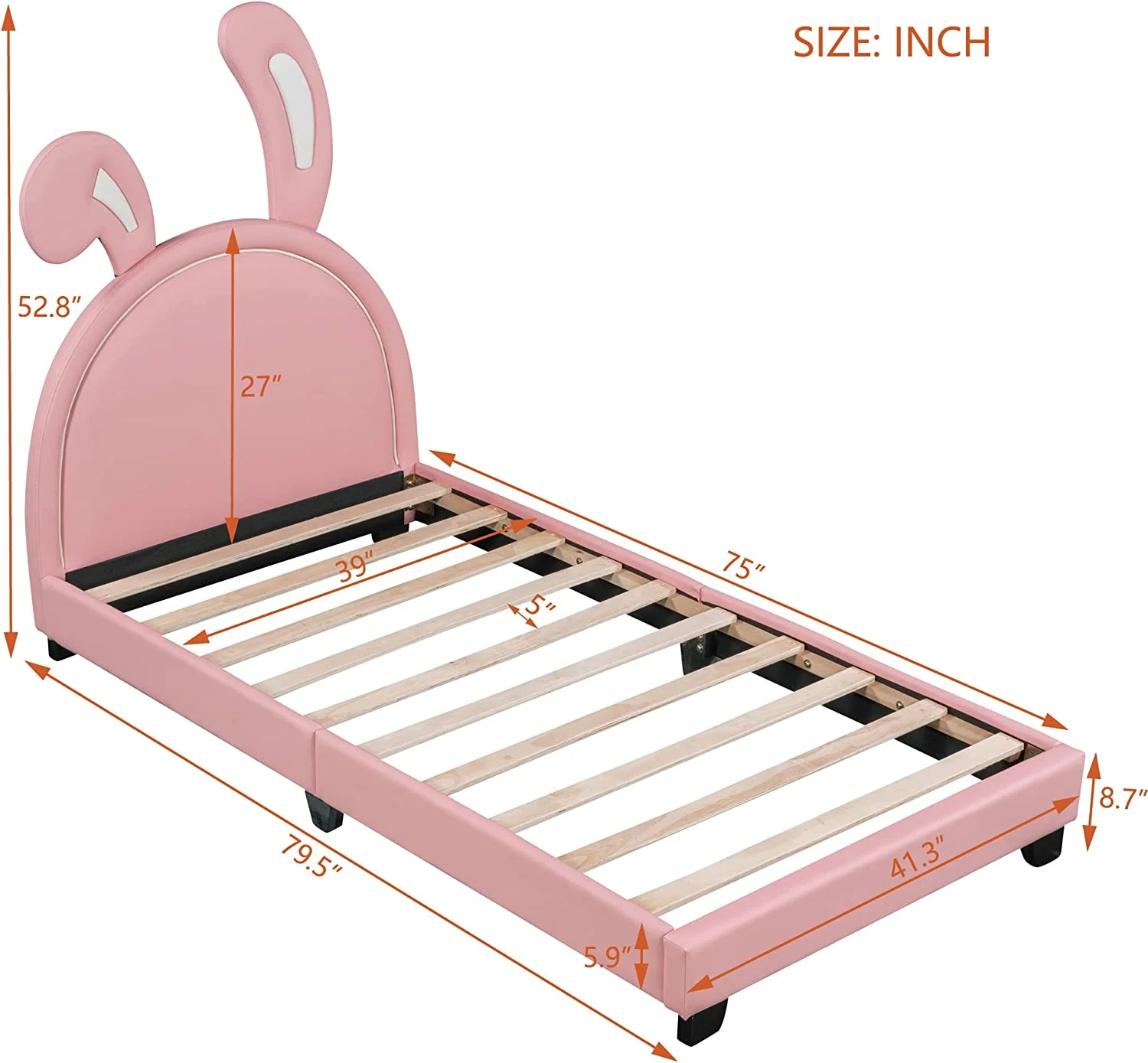 Size Kids Bed Frame With Rabbit Ears Shaped Headboard,Children Platform Bed Frame With Luxury PU Leather, Cute Single Bed For Girls Boys, No Box Spring Needed (,Pink)