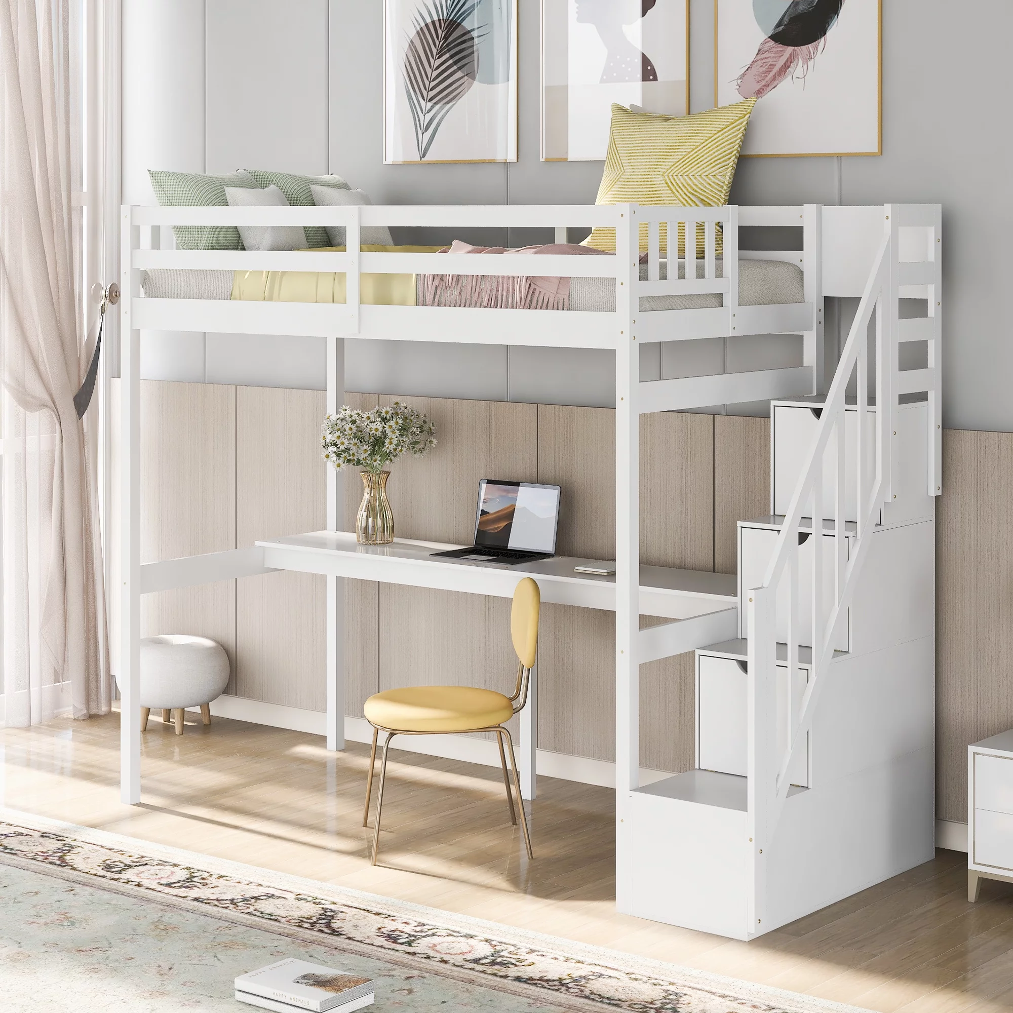 EUROCO Twin Size Loft Bed with Storage Staircase and Built-in Desk, White