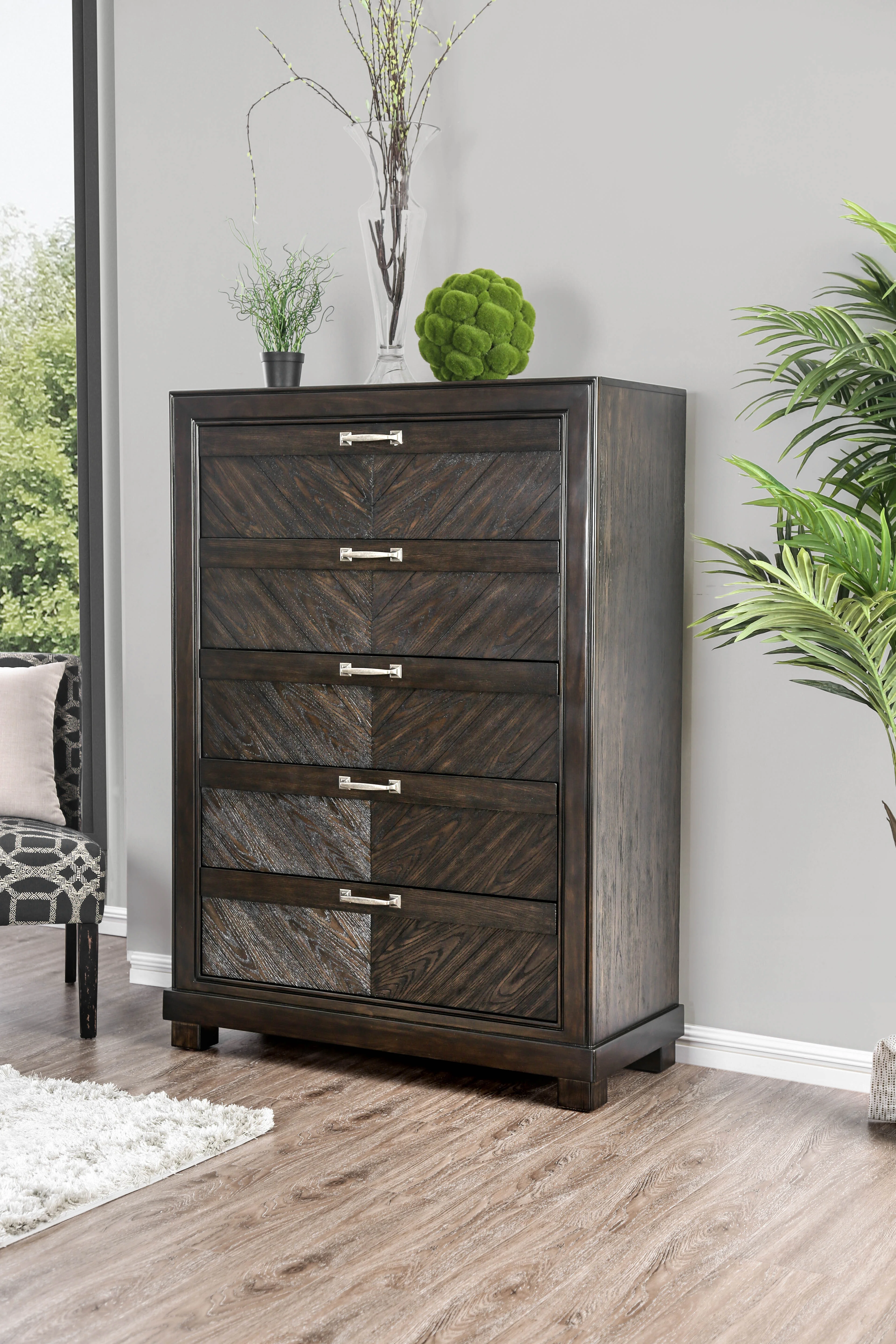 Furniture of America Huston Herringbone 5-Drawer Chest, Espresso