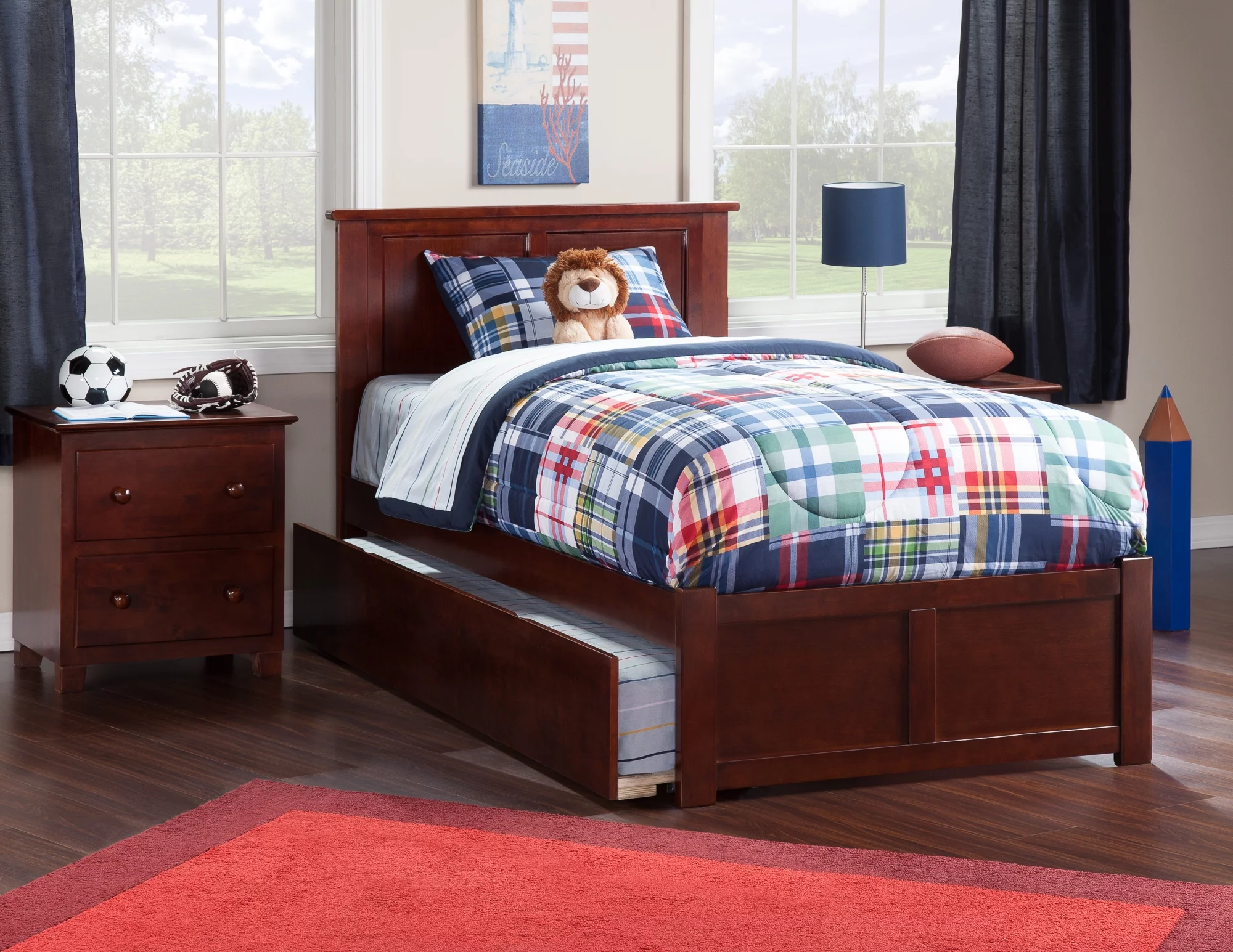 AFI Madison Twin Solid Wood Platform Bed with Footboard & Twin Trundle in Walnut