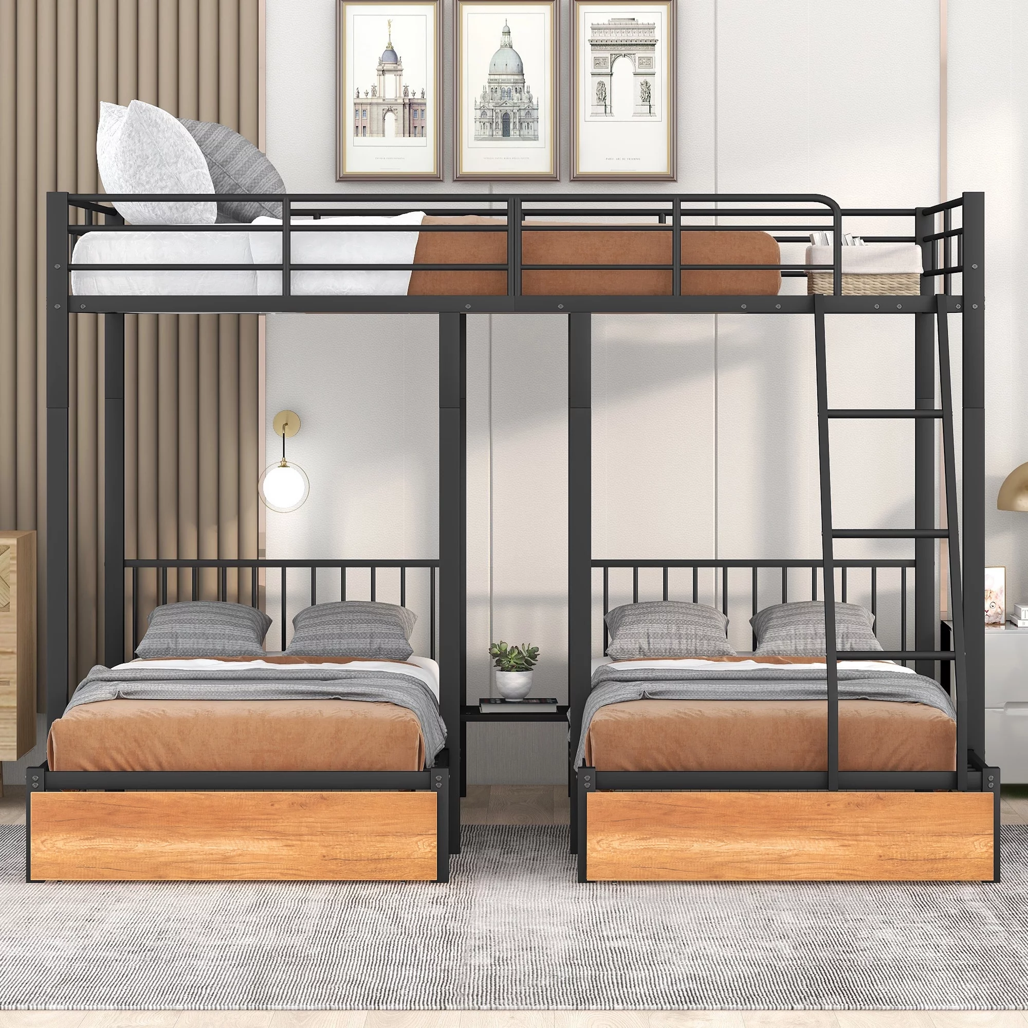 CoSoTower Full over Twin & Twin Bunk Bed, Metal Triple Bunk Bed with Drawers and Guardrails, Black