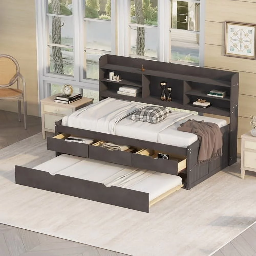 Motent Twin Size Wooden Captain Bed with Built-in Bookshelves,Three Storage Drawers and Trundle, Bedroom, Brown