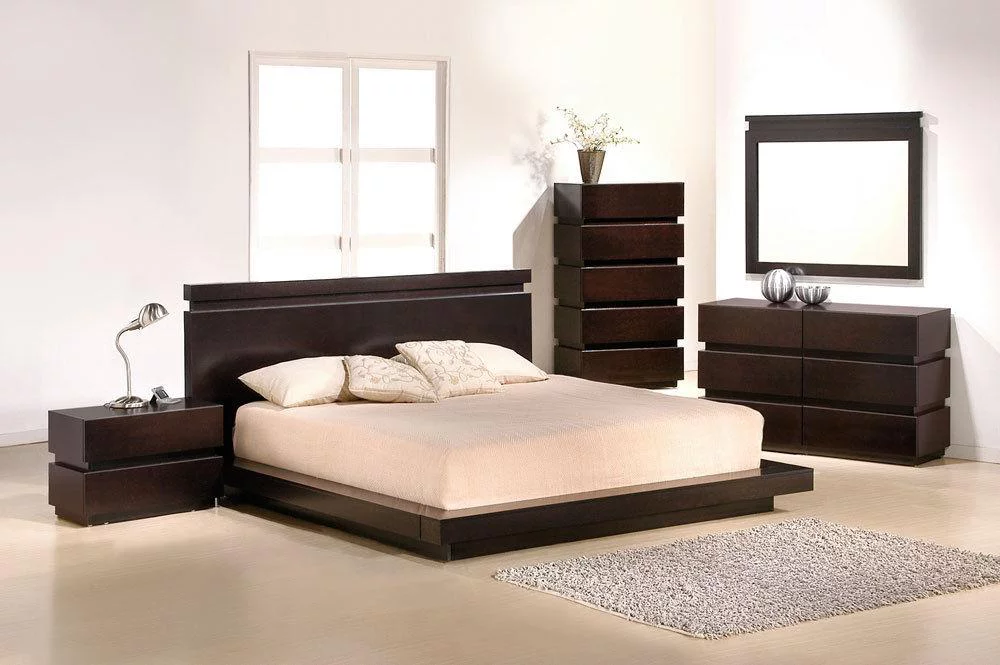 Modern Brown Lacquer Finish King Size Bedroom Set 5Pcs Italy J&M Knotch