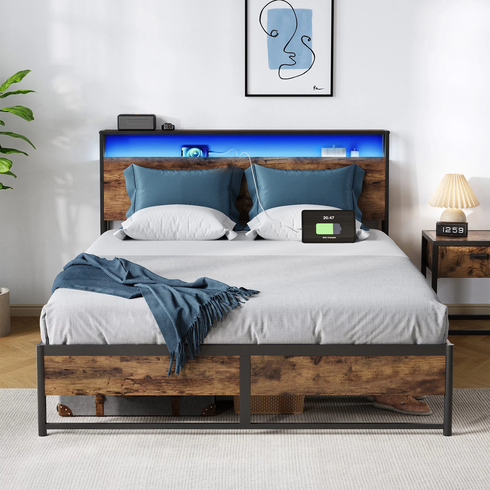 Linsy Home Queen Size Heavy Duty Metal Bed Frame with Headboard and 3 Shelves,Dark Brown
