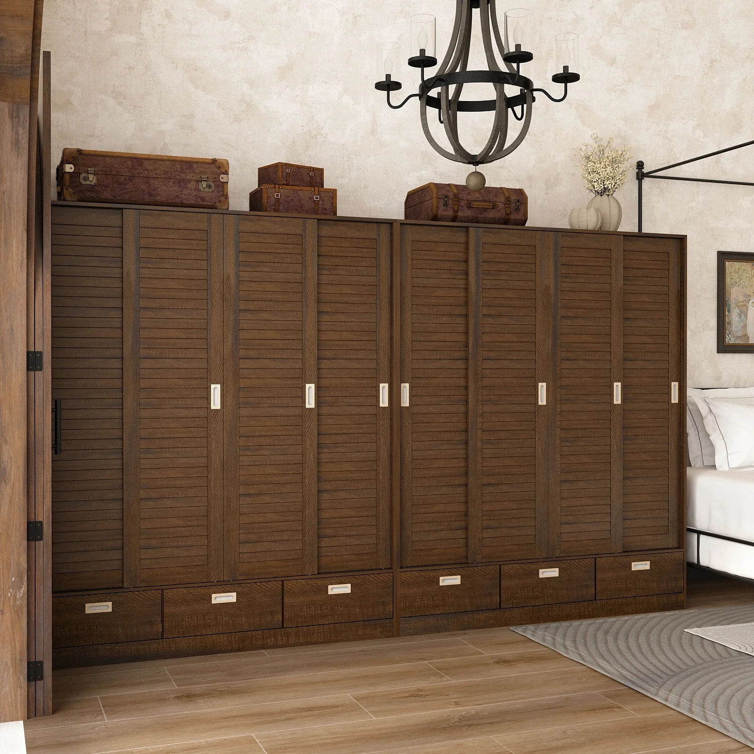 Brown Wardrobe Armoire with Drawers, Hanging Rod 4 Sliding Doors