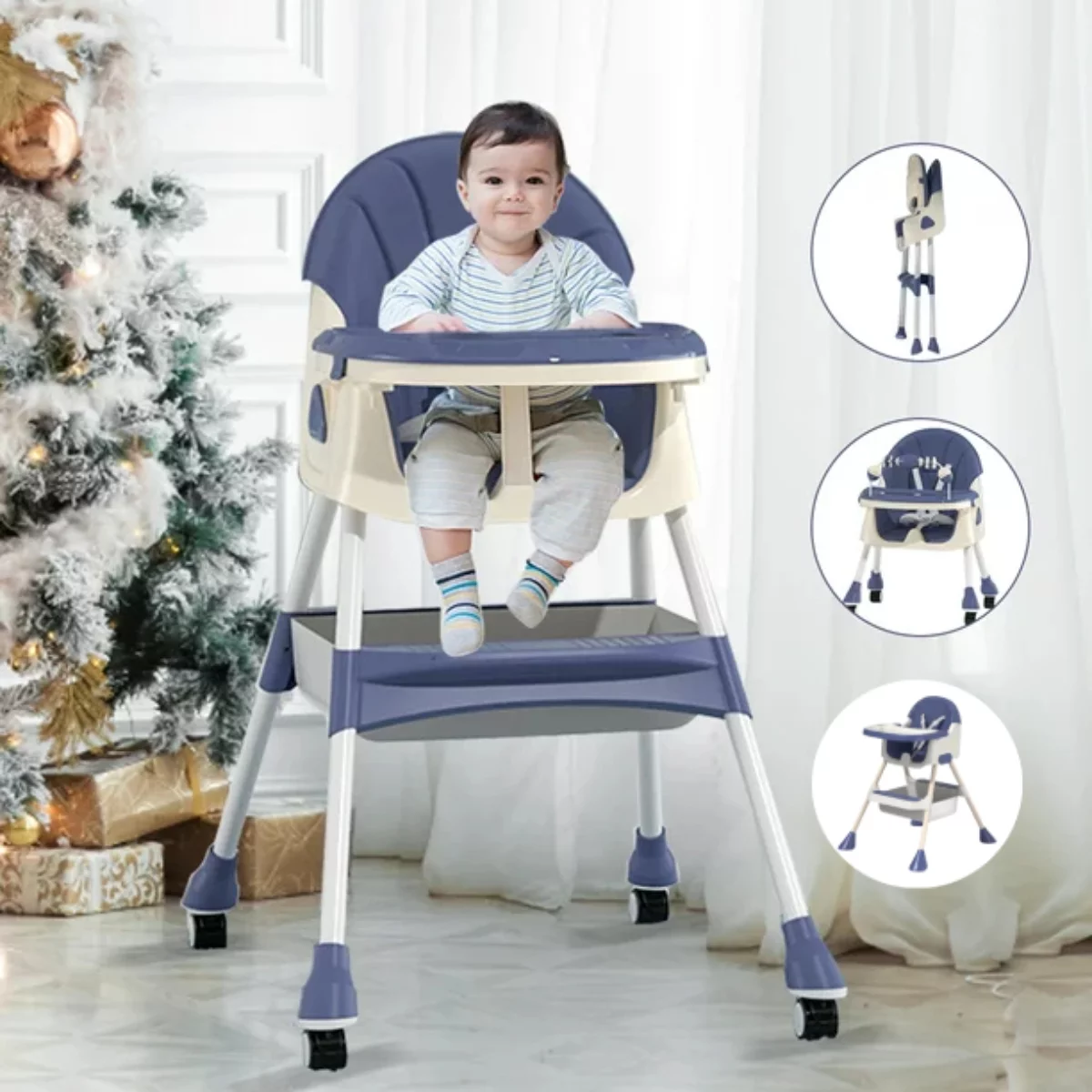 Hurber 4 in 1 Baby High Chair, Child Feeding Chair with Five-Point Harness, Retractable Detachable Dining Plate,Brakable Universal Wheel, Toy Rack, Blue
