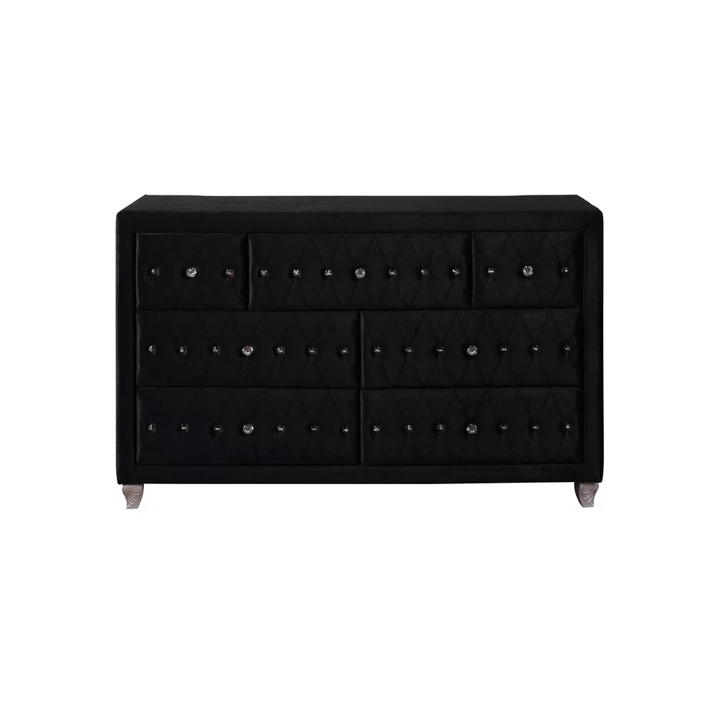 Fabric Upholstered Wooden Dresser with Seven Drawers, Black
