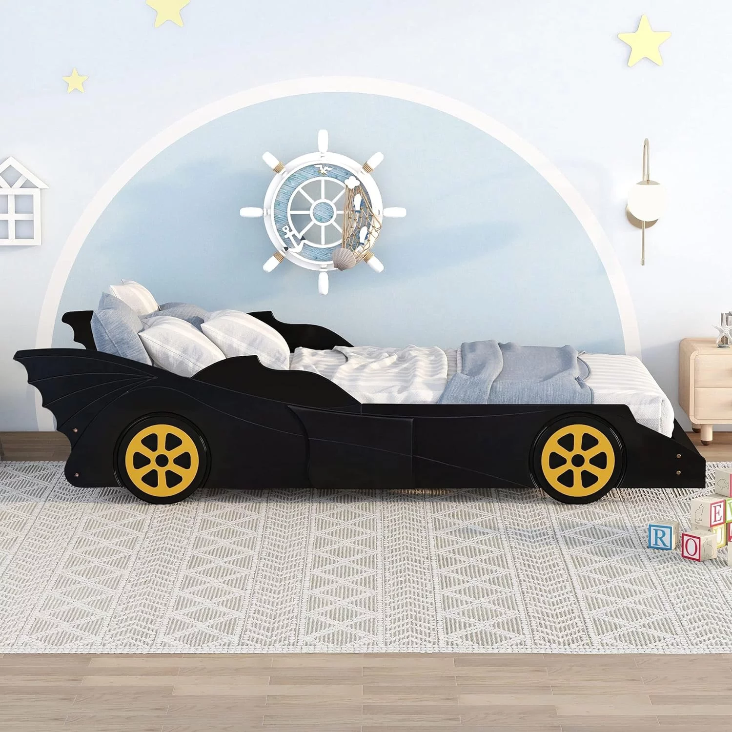 Race  Bed Size Platform Bed, -Shaped Bed With Wheels, Lightning Mcqueen Bed, Wood Bed Frame For Kids Boys Girls, No Box Spring Needed (Black Yellow)