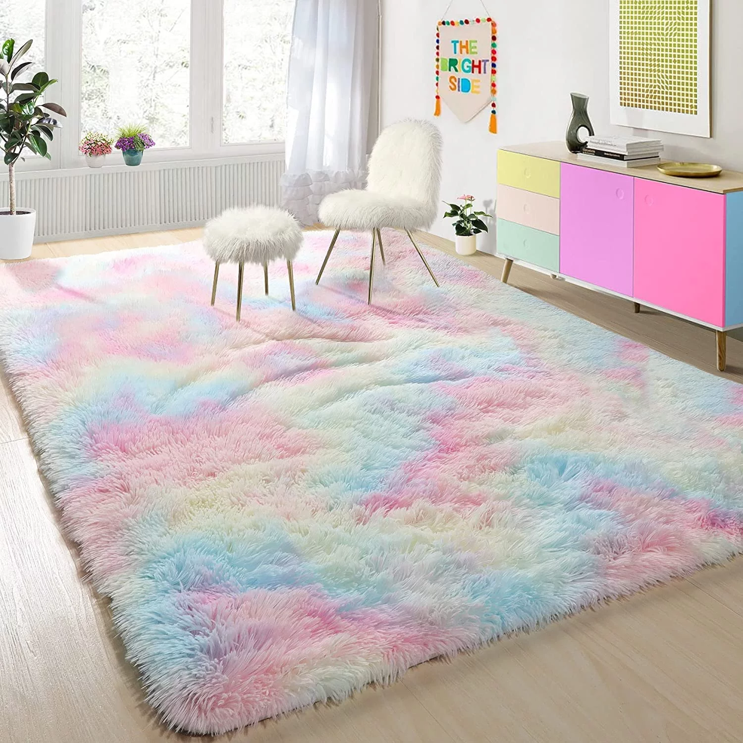 Junovo Soft Rainbow Area Rugs for Girls Room, Fluffy Colorful Rugs Cute Floor Carpets Shaggy Playing Mat for Kids Baby Girls Bedroom Nursery Room,6'x9',Rainnbow