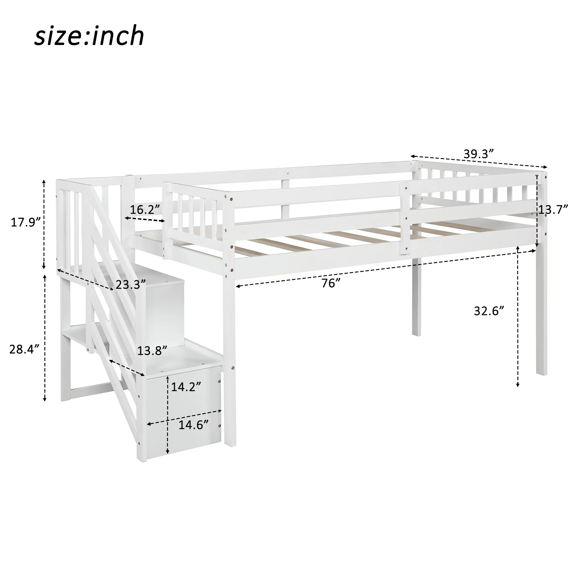 White Pinewood Twin Size Loft Bed with Ladder and Storage