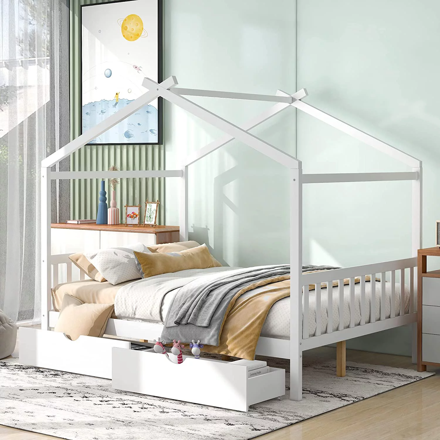 Full Size House Bed, Full Platform Bed With 2 Drawers, Headboard And Footboard, Roof Design, Bedroom Furniture, White