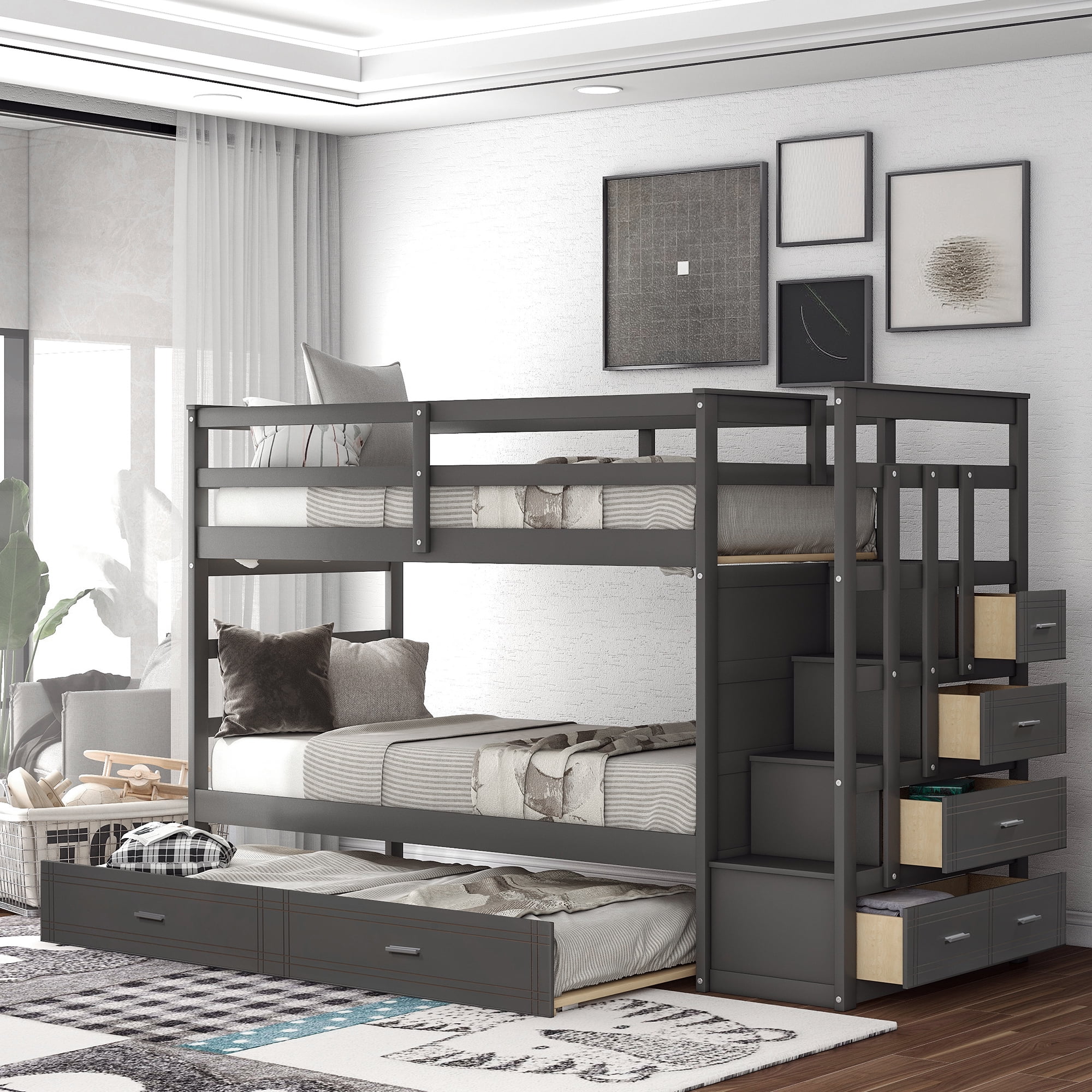 Twin Over Twin Bunk Bed with Trundle and Staircase, Solid Wood Bunk Bed Frame with 4 Storage Drawers and Guardrails, No Box Spring Needed