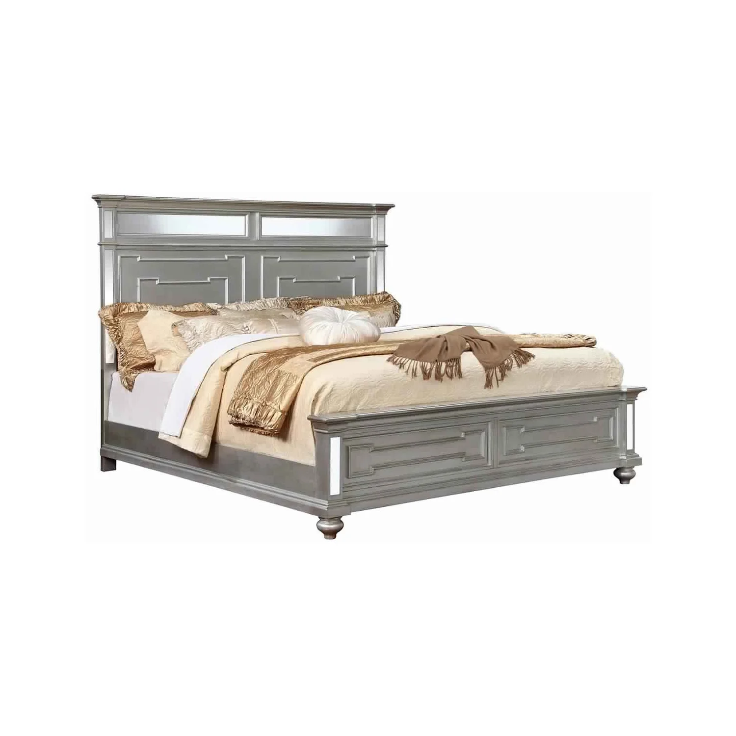 Maykoosh Vintage Variety California King Bed With Mirror Paneled Headboard And Footboard, Silver