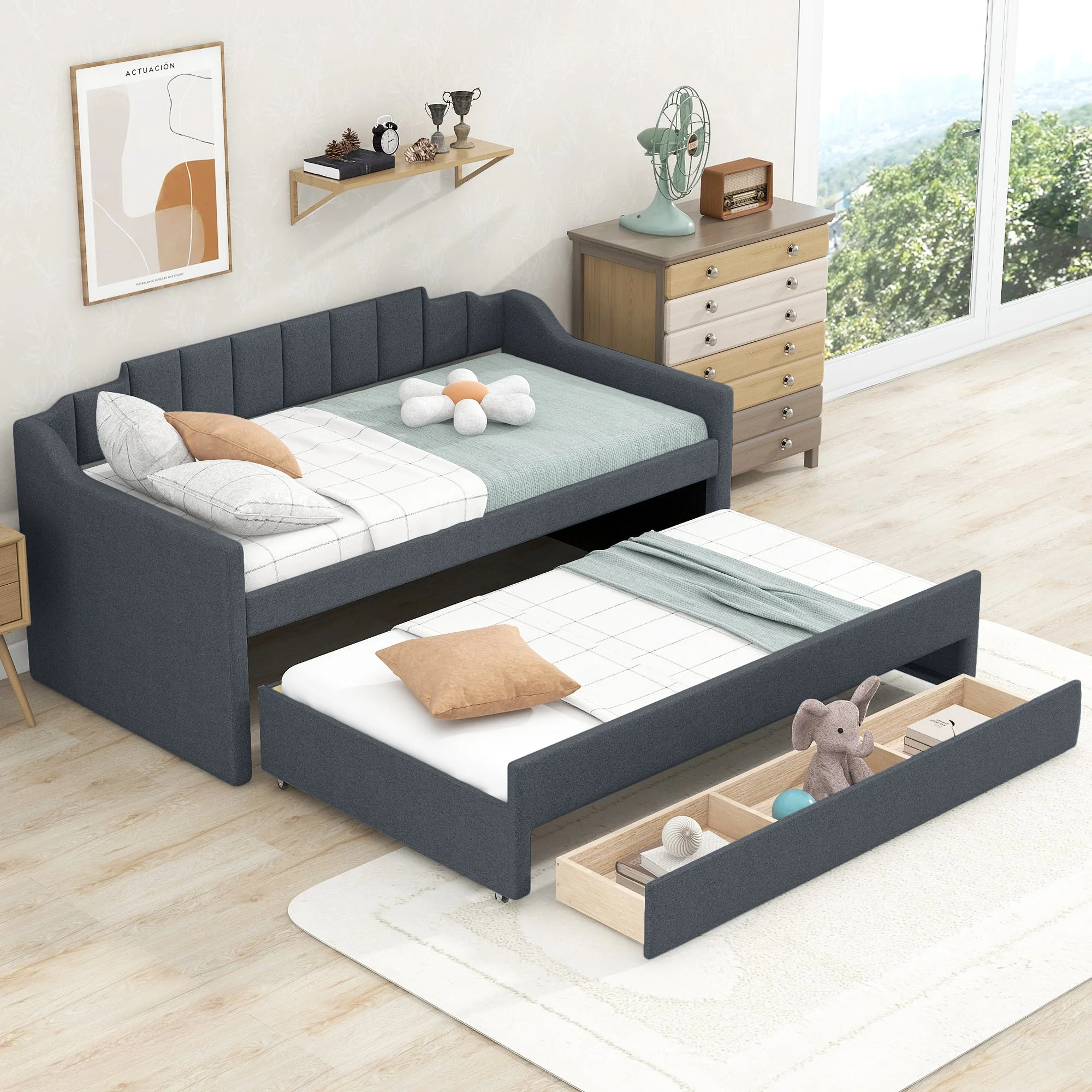 Avery Twin Size Daybed with Trundle and Three Drawers - Gray